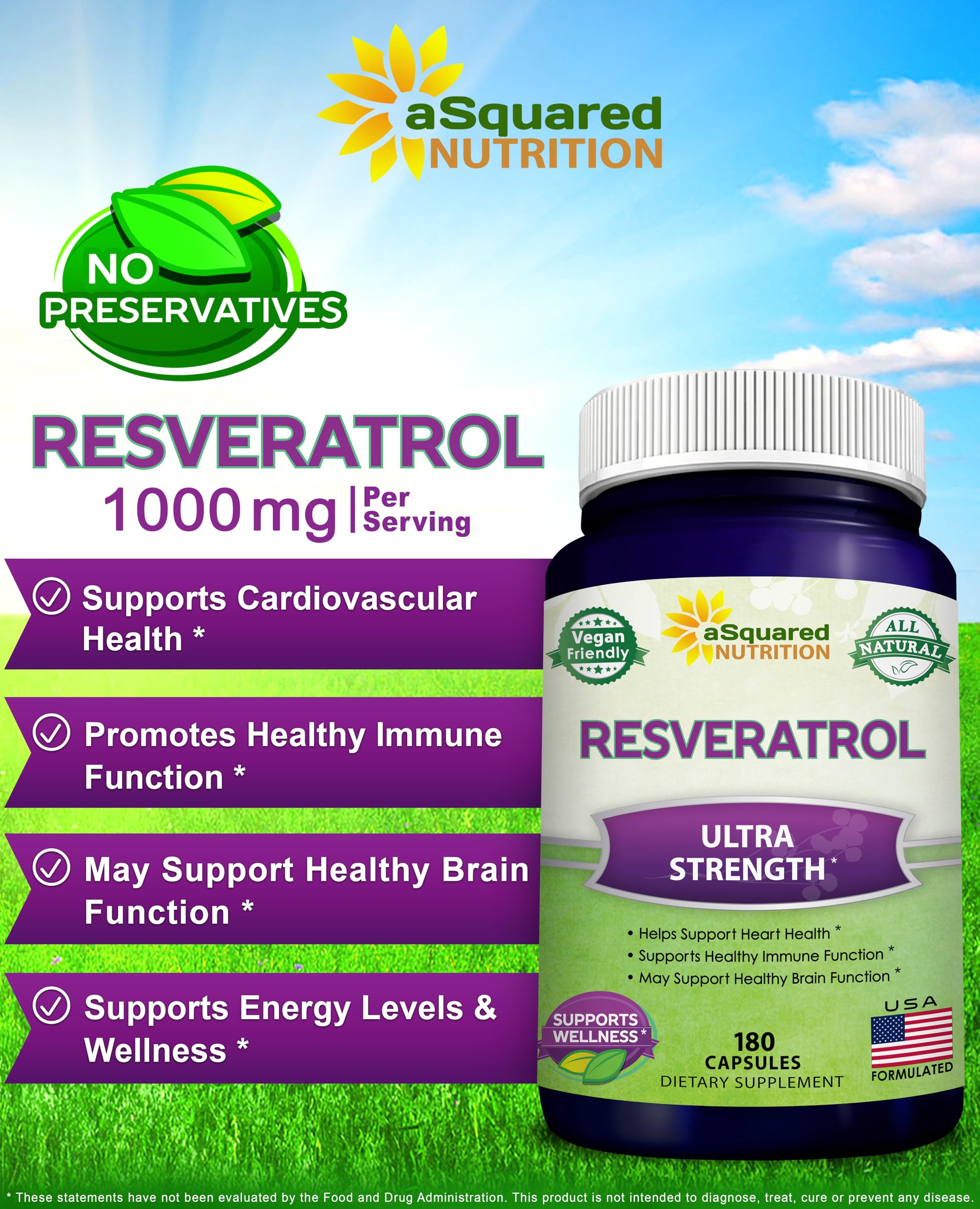 aSquared Nutrition Resveratrol 1000mg 180 Capsules bottle with label