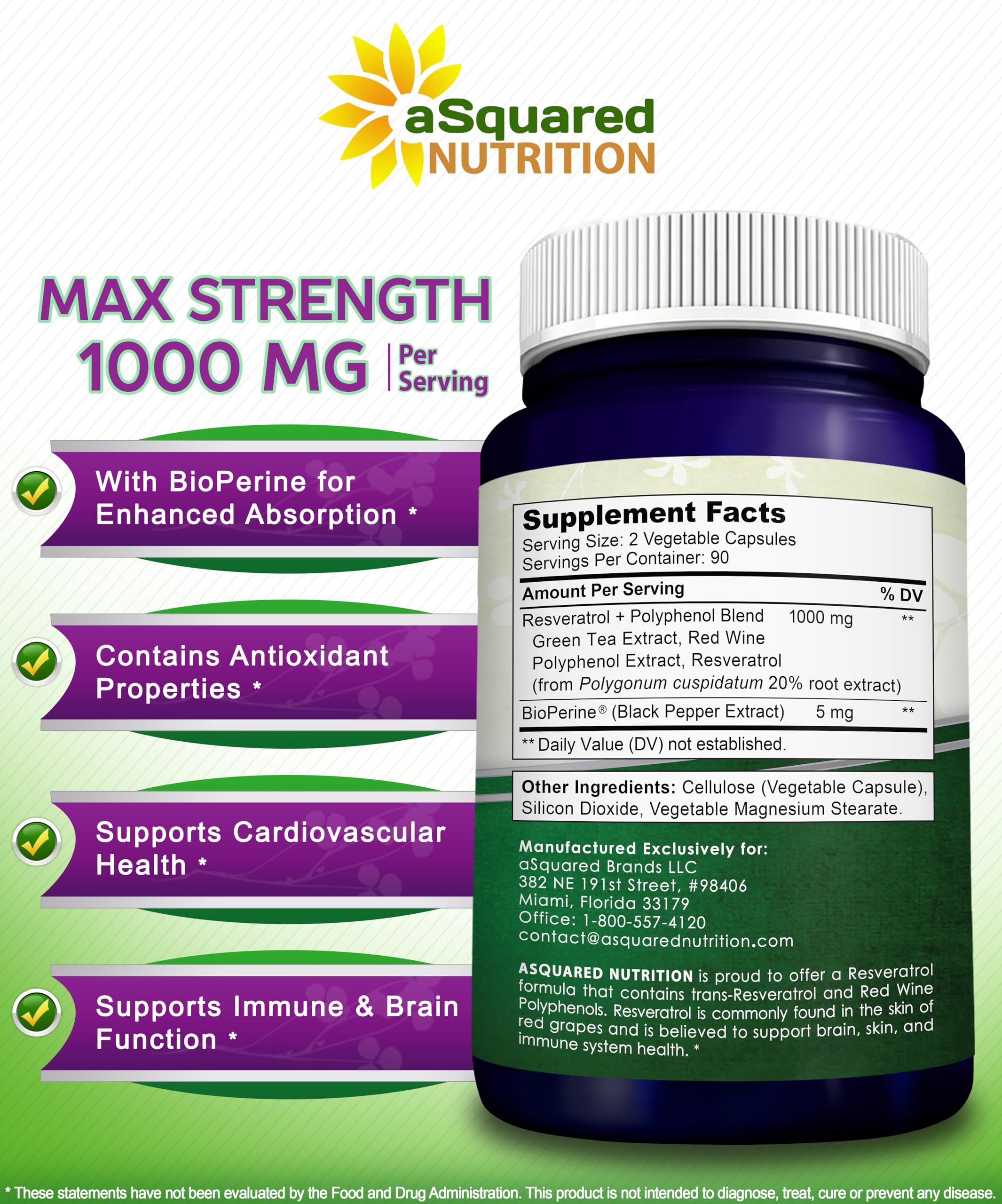 aSquared Nutrition Resveratrol 1000mg supplement with green tea leaves
