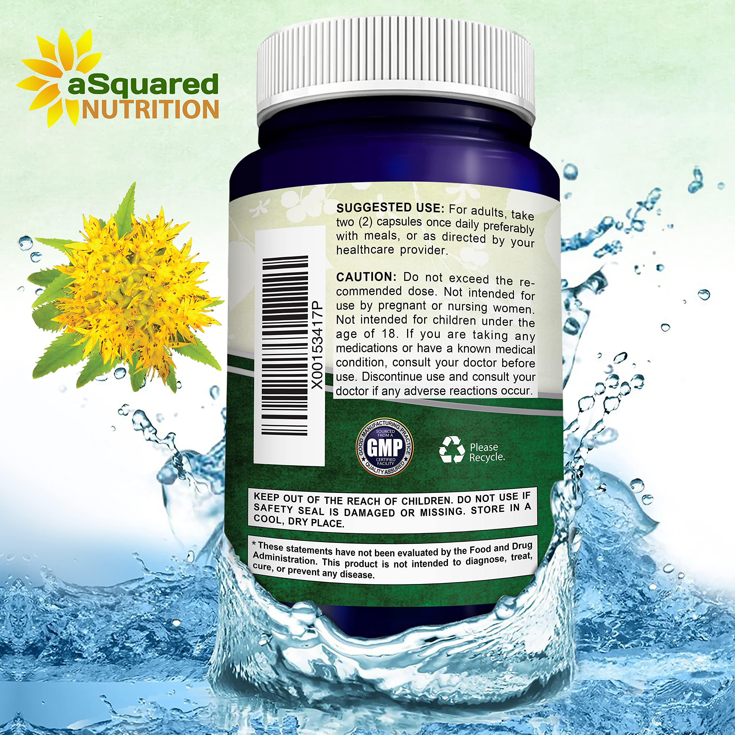 aSquared Nutrition Rhodiola Rosea bottle with a green background