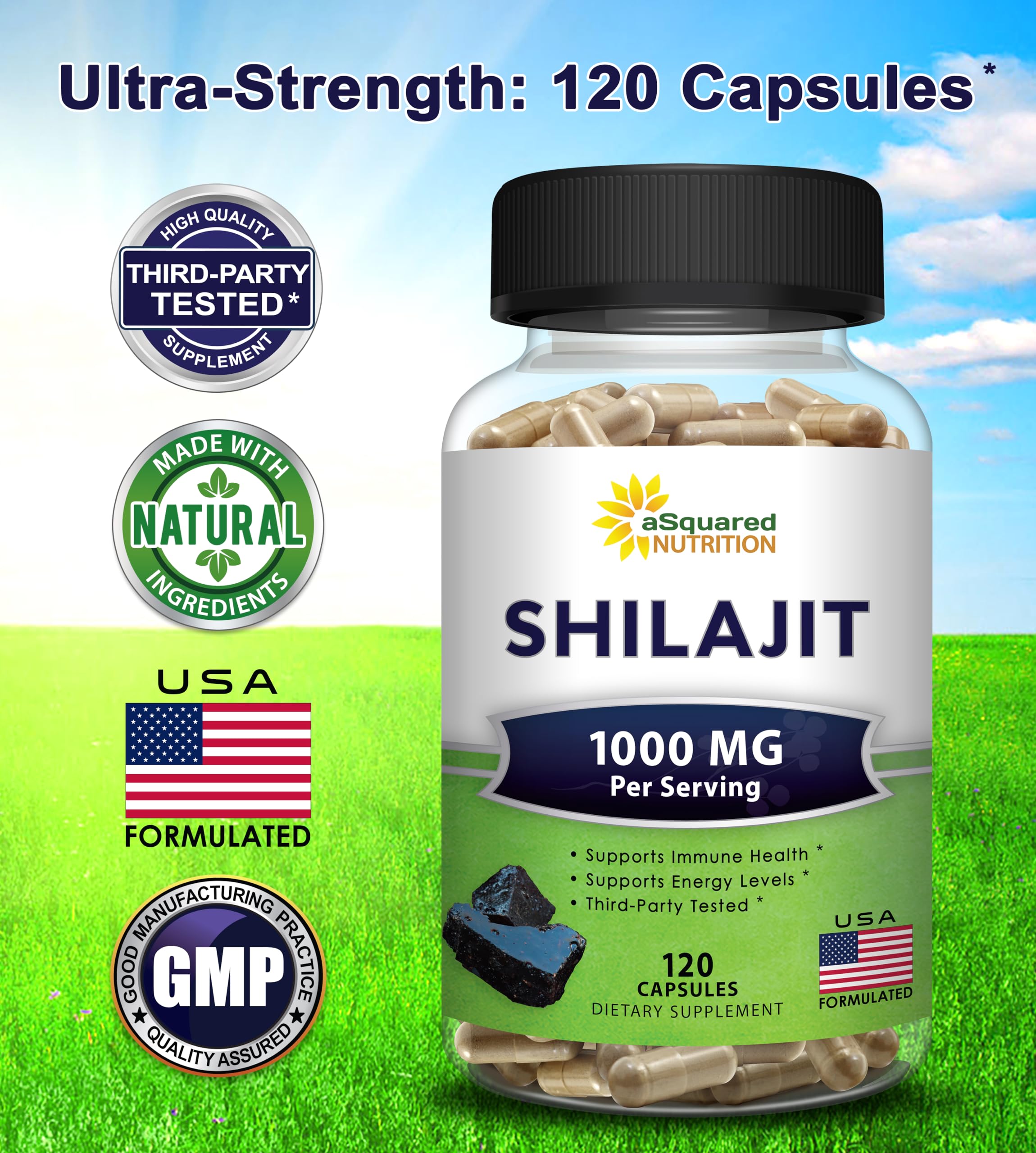 aSquared Nutrition Shilajit Extract 1000mg capsules on a wooden surface