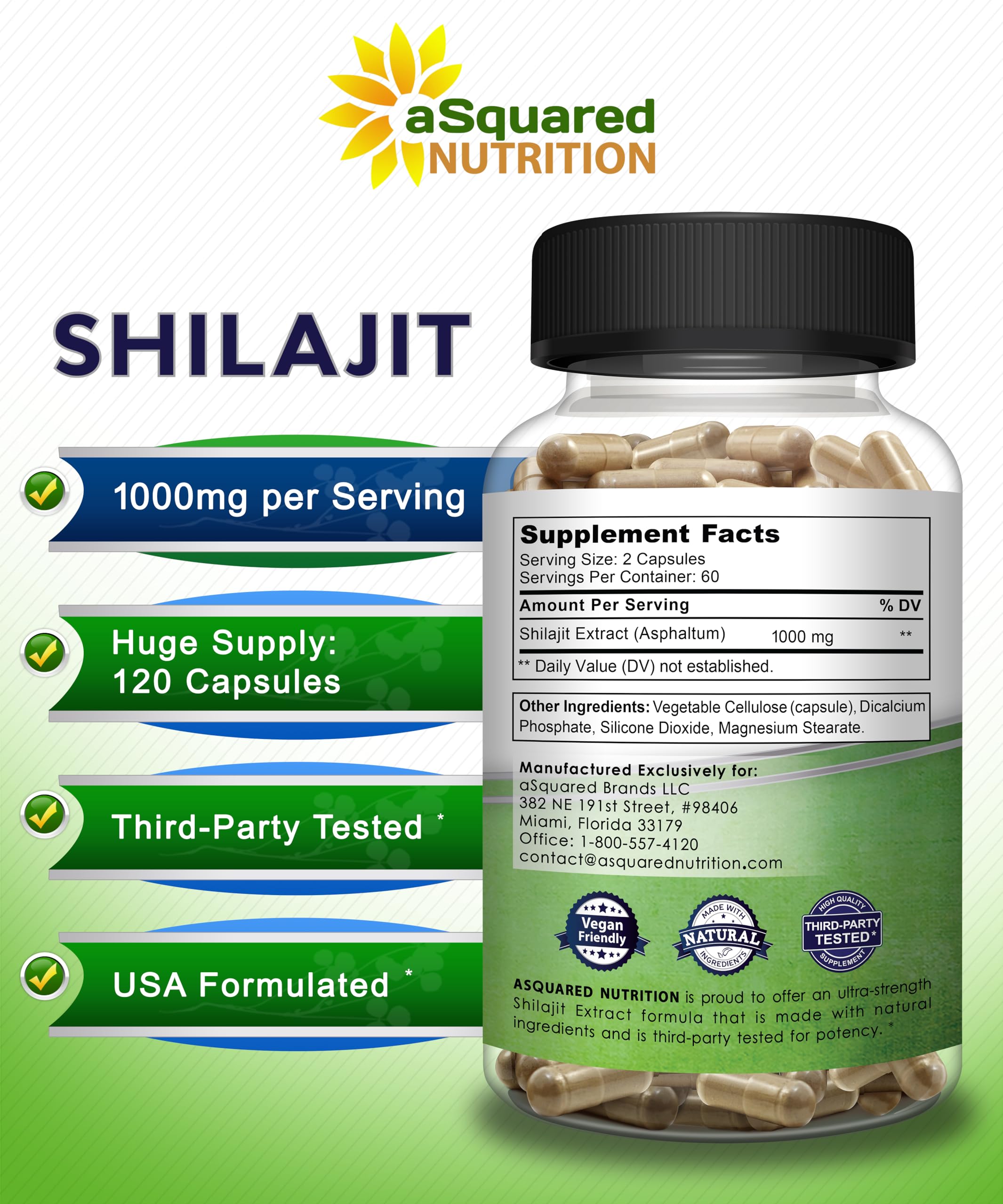 aSquared Nutrition Shilajit Extract 1000mg nutritional information