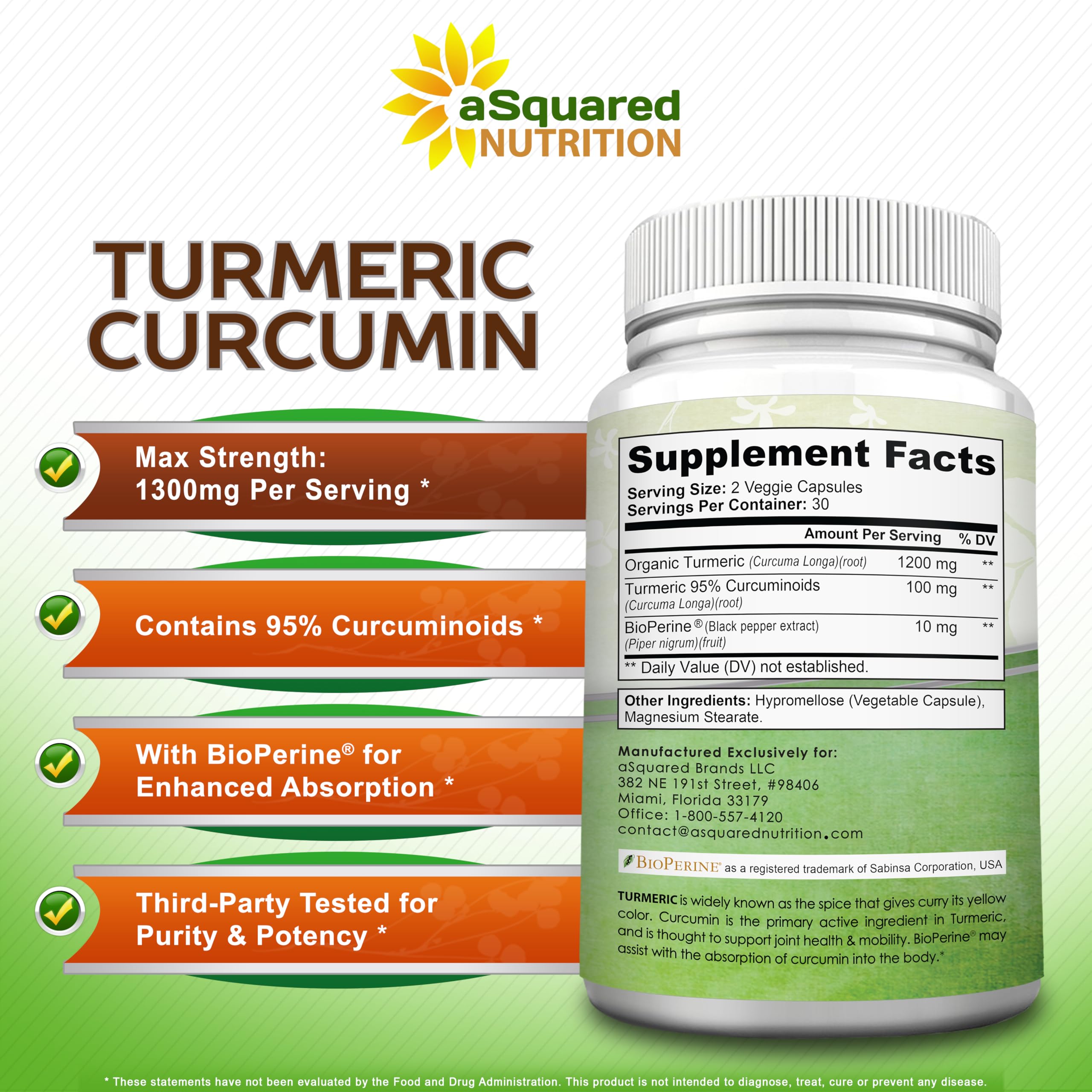 aSquared Nutrition Turmeric Curcumin 1300mg capsules close-up