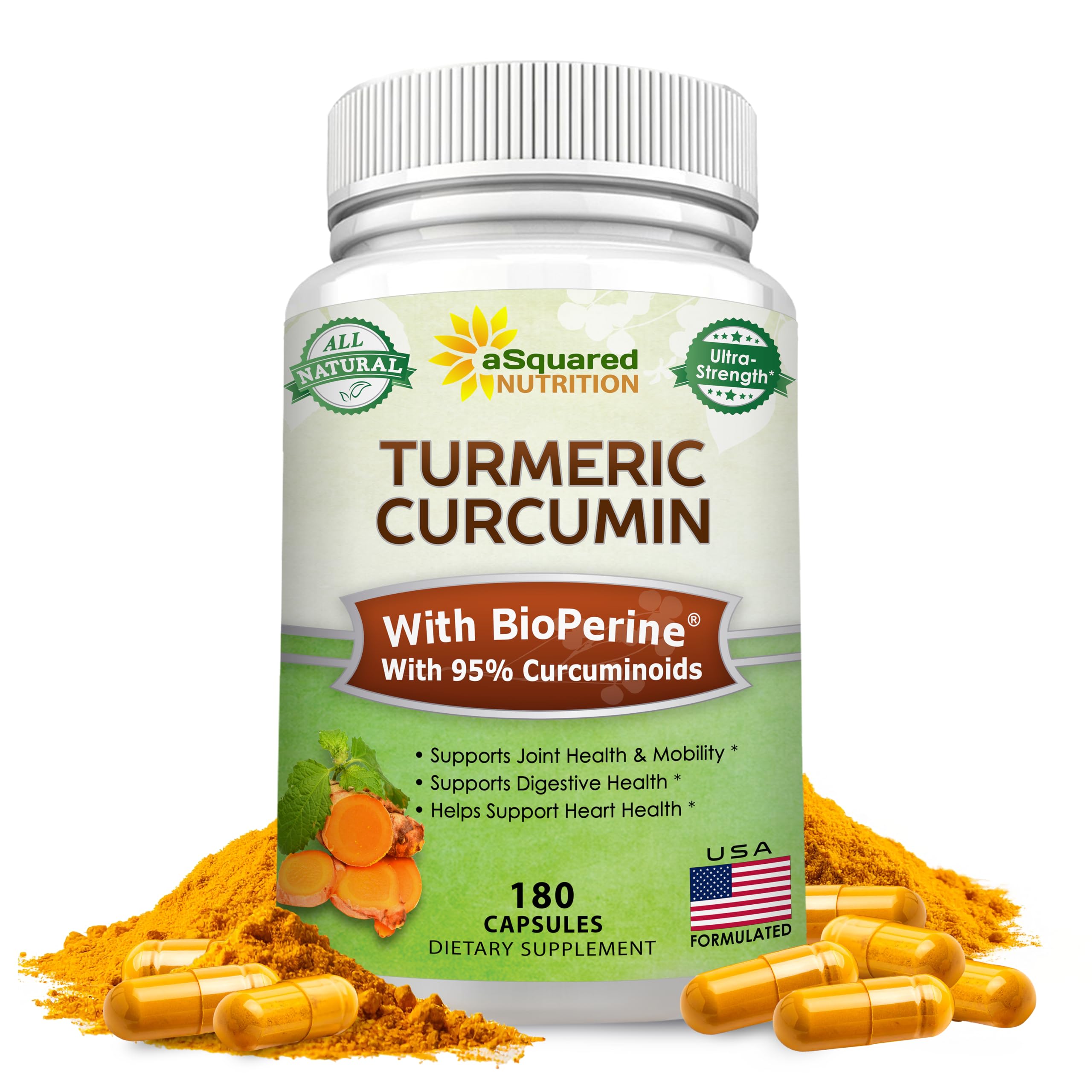 aSquared Nutrition Turmeric Curcumin 1300mg capsules front view