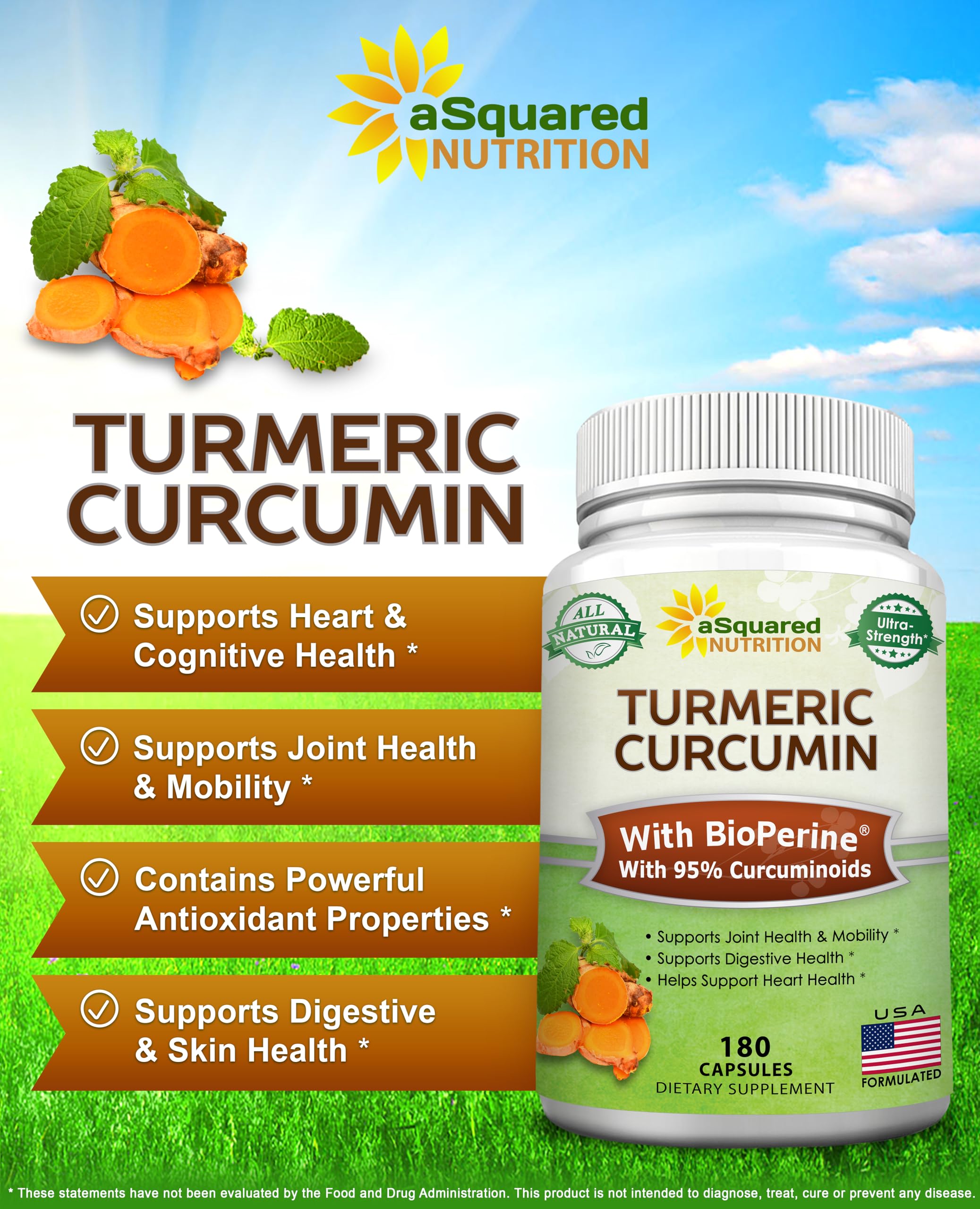 aSquared Nutrition Turmeric Curcumin capsules displayed with other supplements