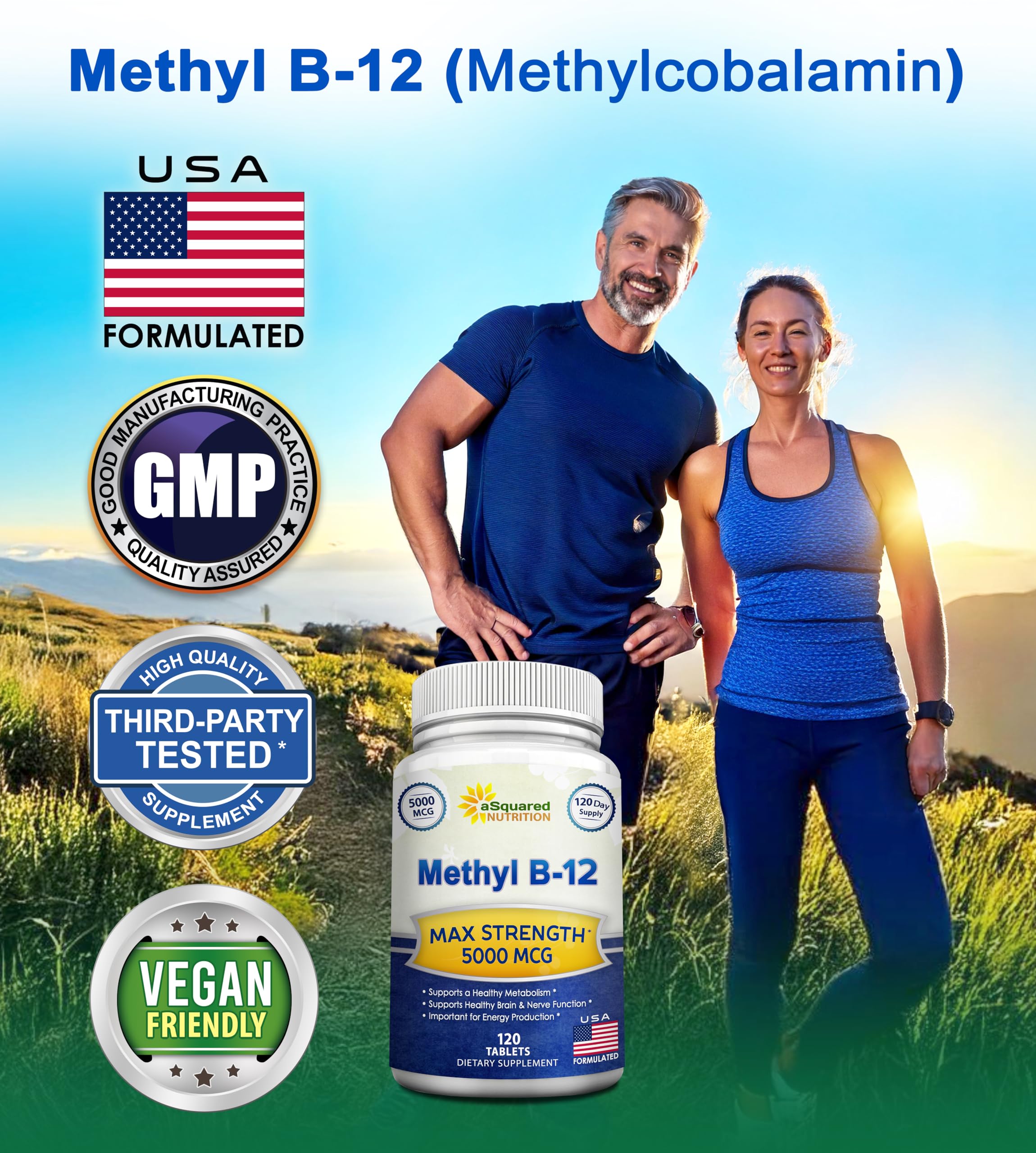 aSquared Nutrition Vitamin B12 Methyl 5000mcg 120 Tablets bottle with cap