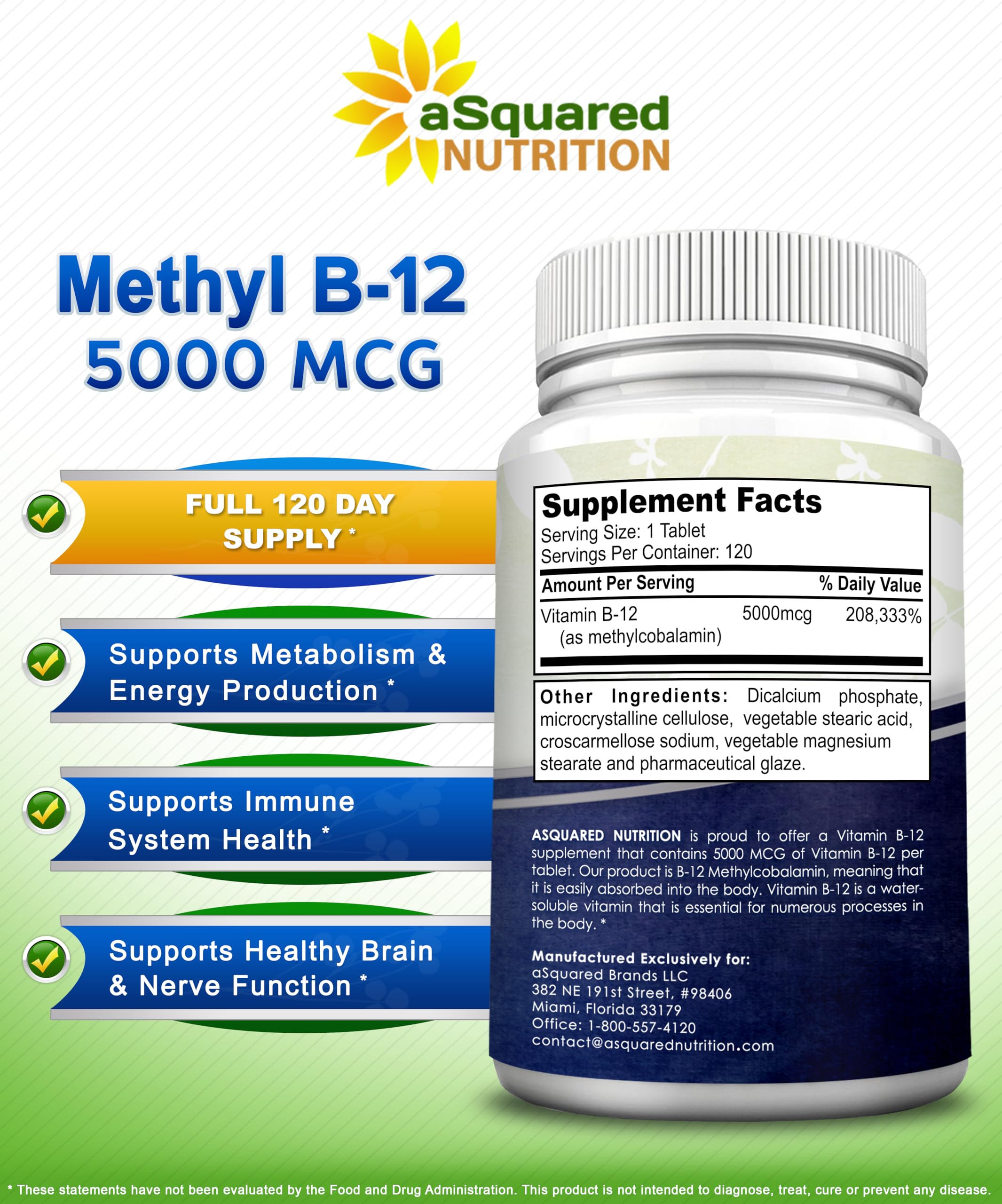 aSquared Nutrition Vitamin B12 Methyl 5000mcg 120 Tablets on a wooden table