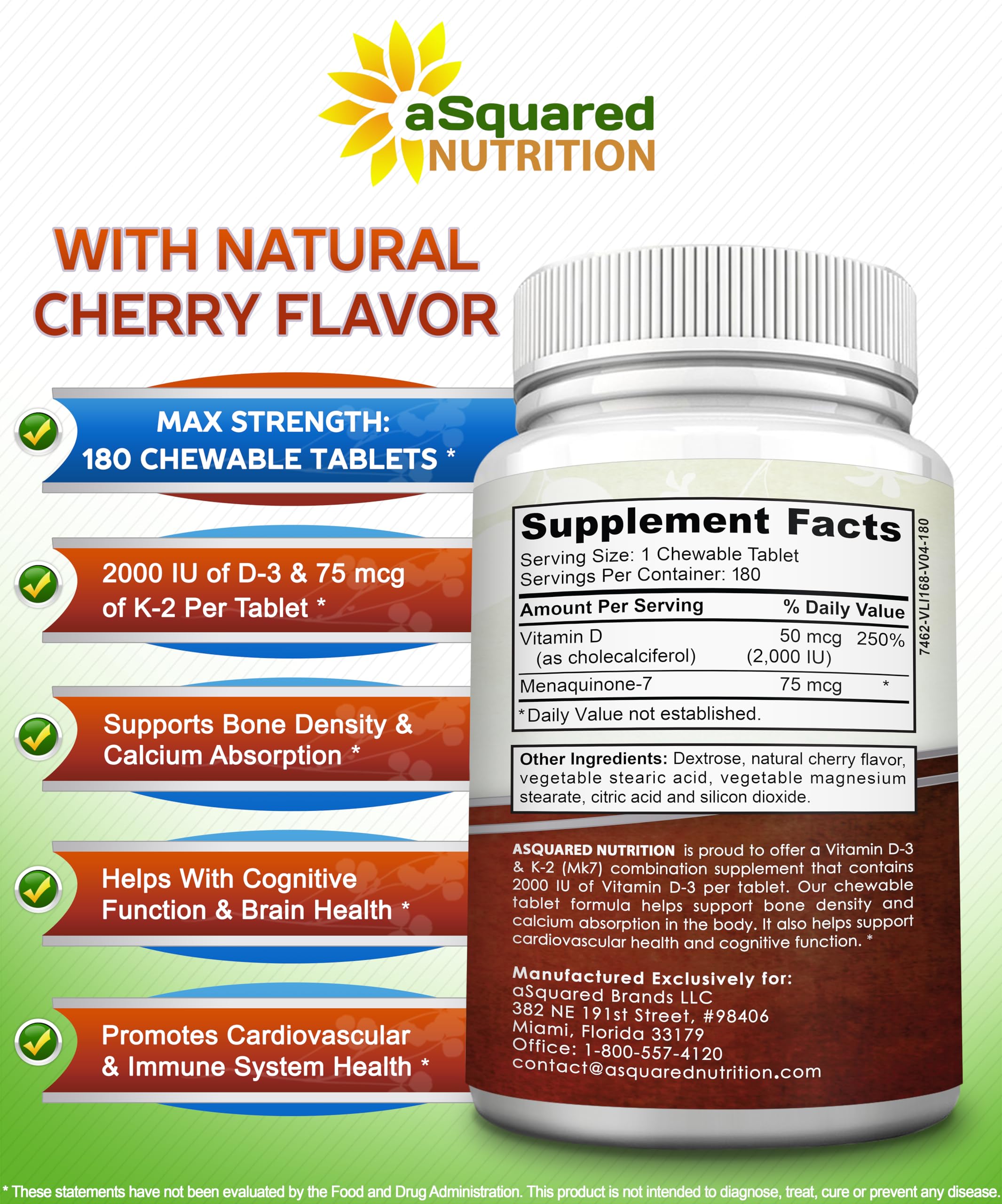 aSquared Nutrition Vitamin D3 & K2 chewable tablets ingredients list