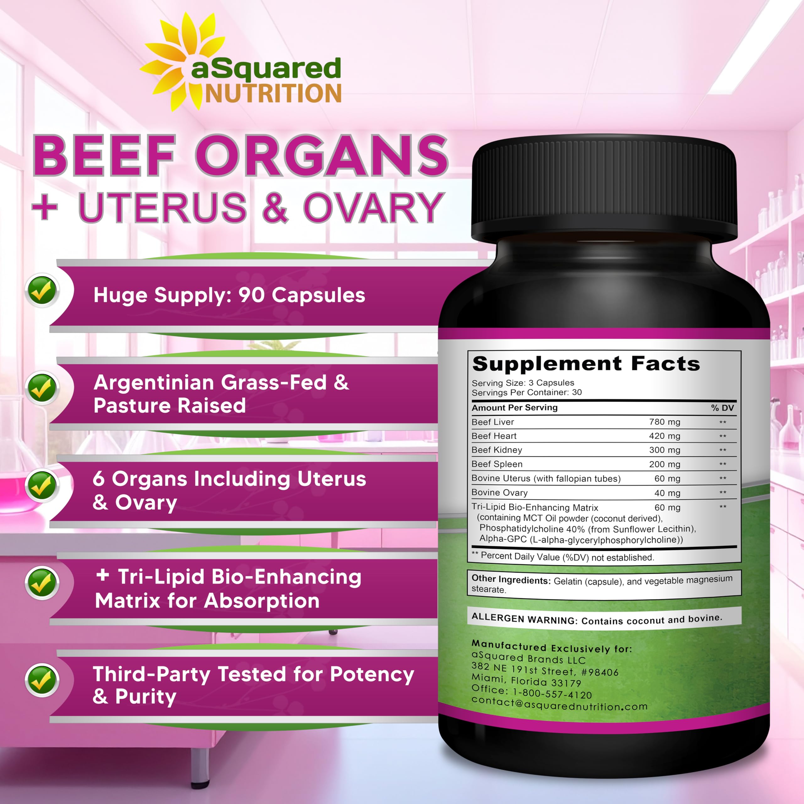aSquared Nutrition Women’s Beef Organ Complex capsules on a wooden surface