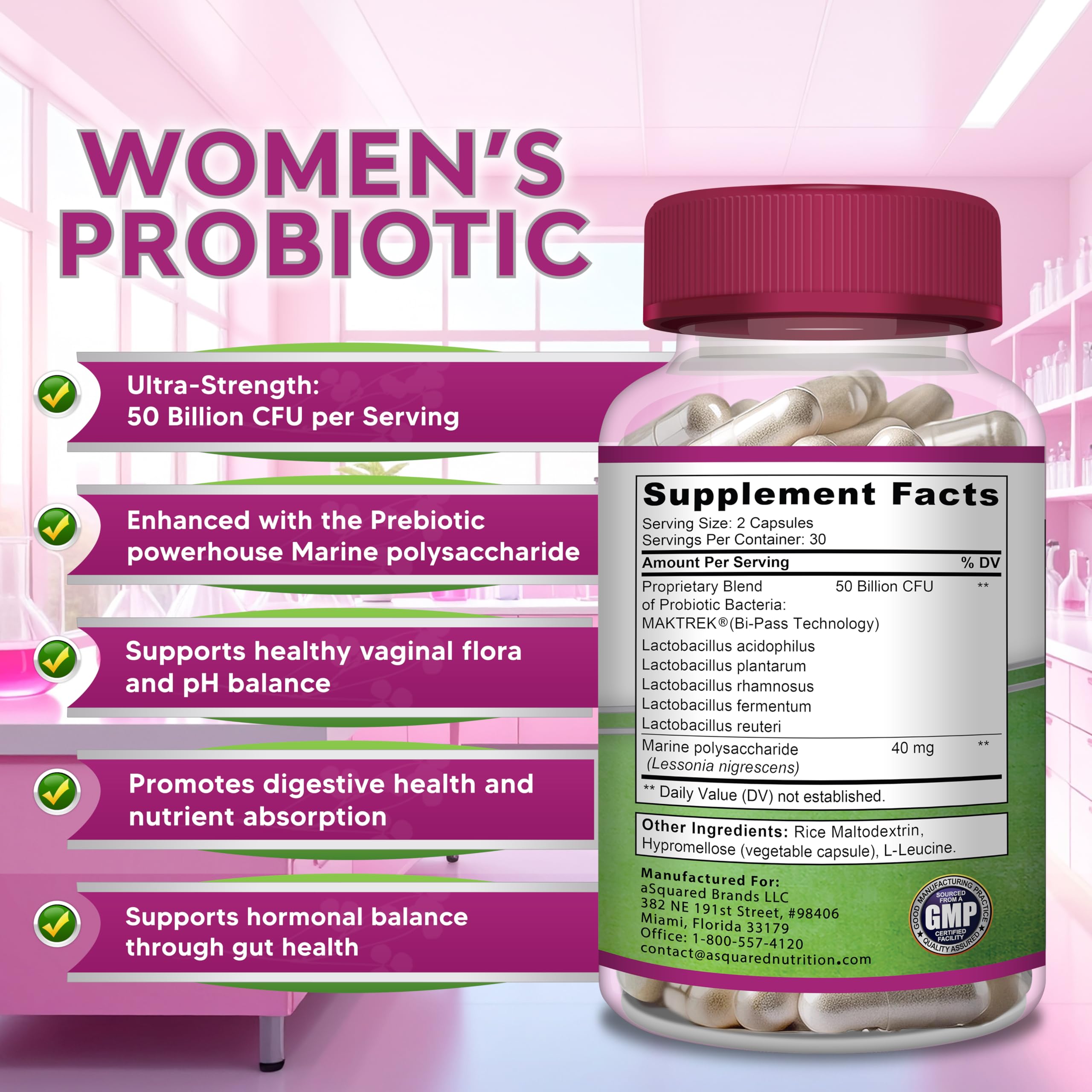 aSquared Nutrition Women's Probiotic 50 Billion CFU capsules with measuring spoon