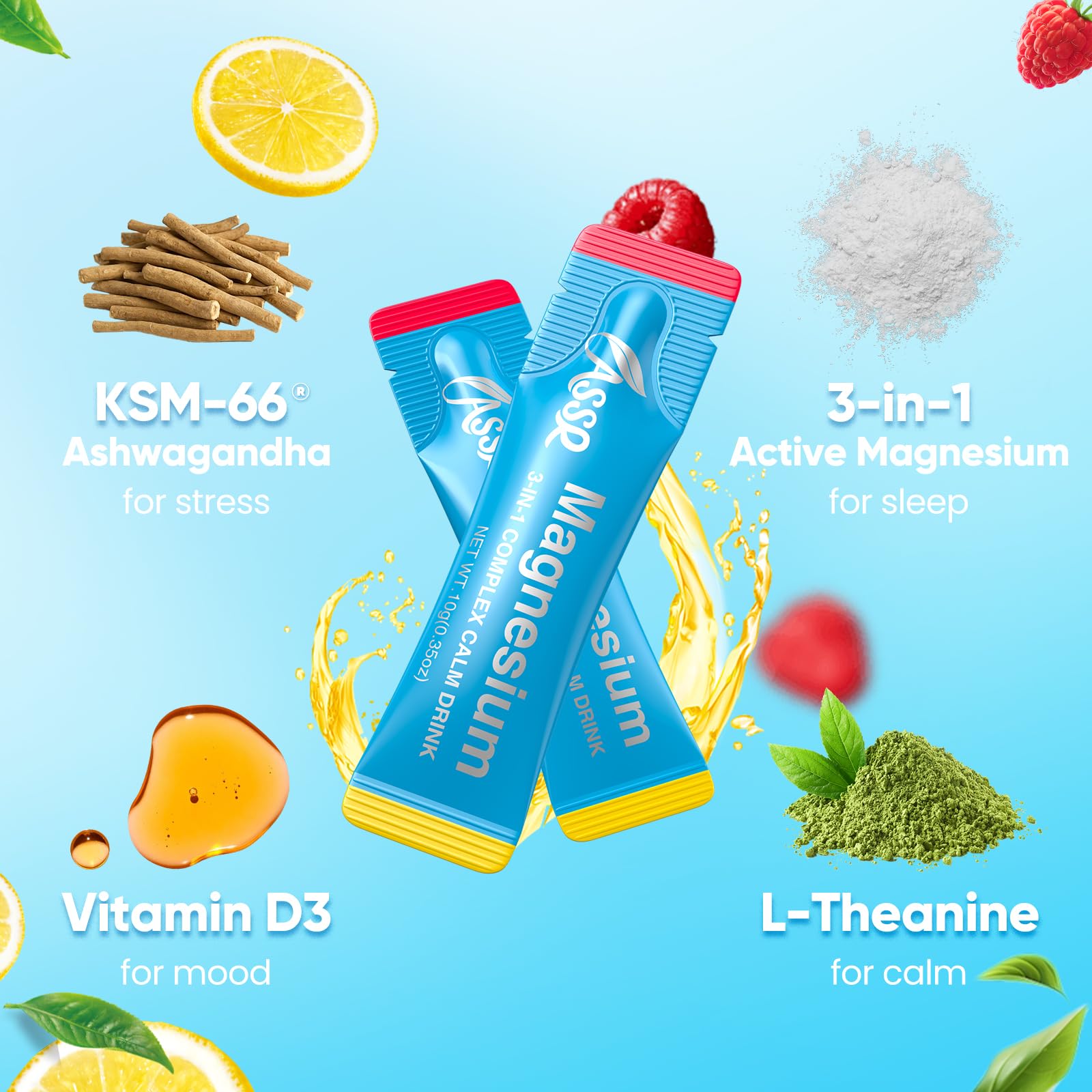 ASSR Calm Magnesium Supplement 300g stick pack opened with liquid inside