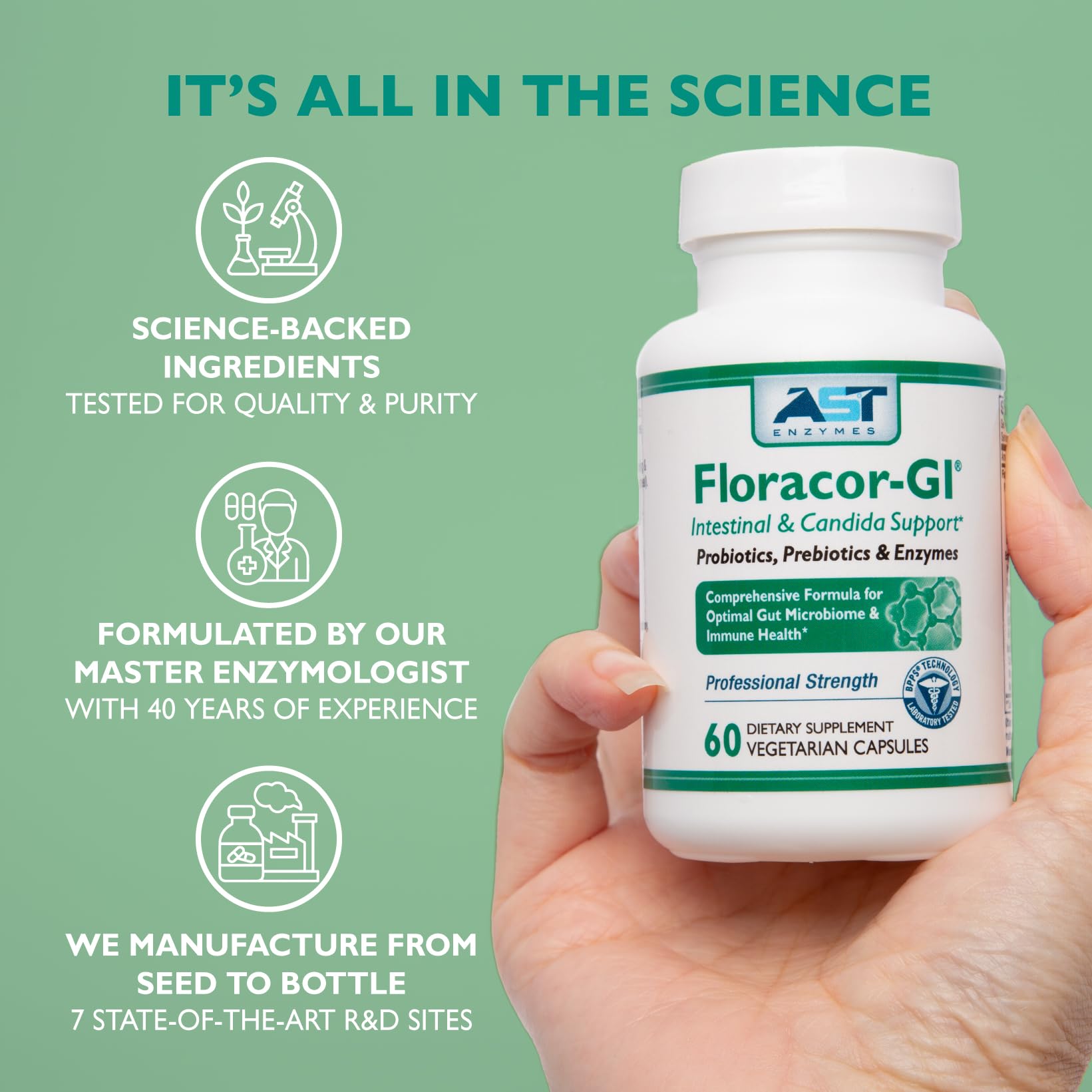 AST Enzymes Floracor-GI Multi-Enzyme Supplement with measuring scoop