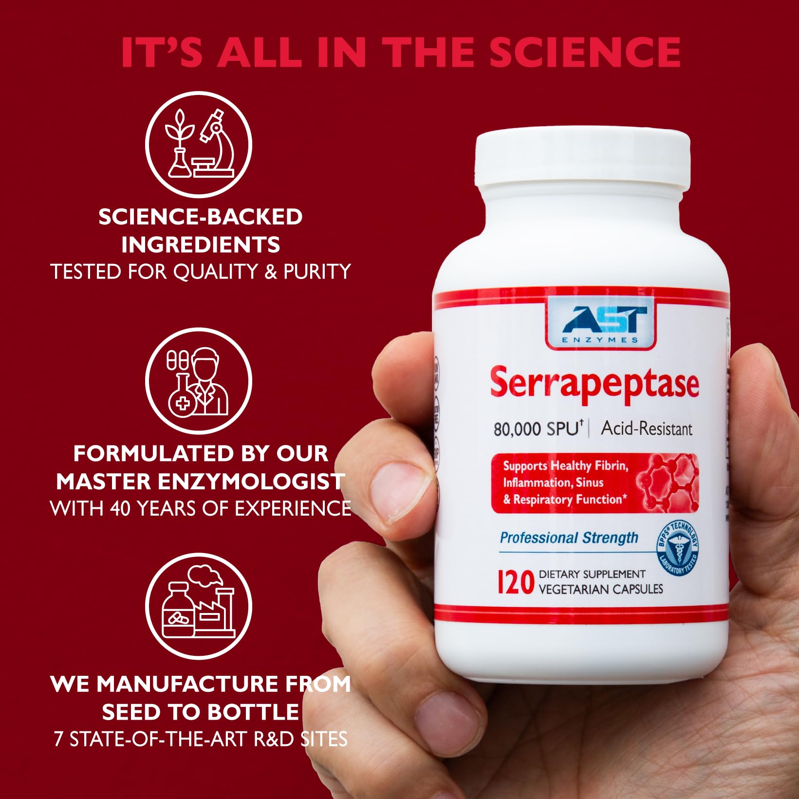 AST Enzymes Serrapeptase Multi-Enzyme Supplement bottle on table