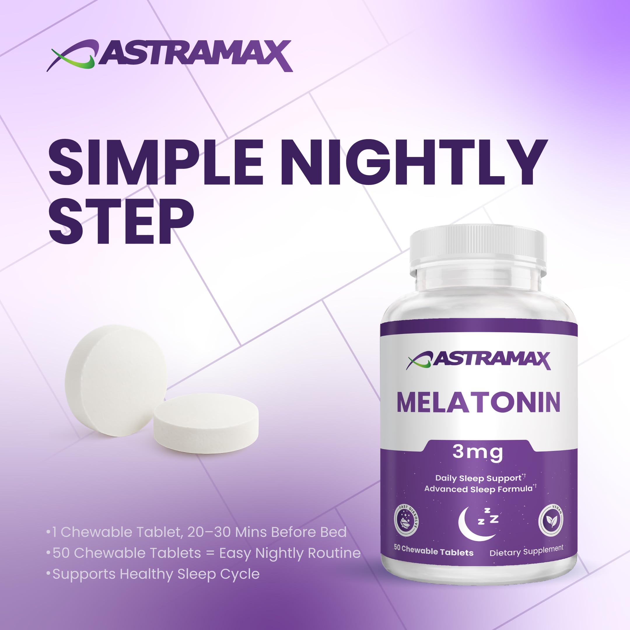 Astramax Melatonin 3mg chewable tablets close-up