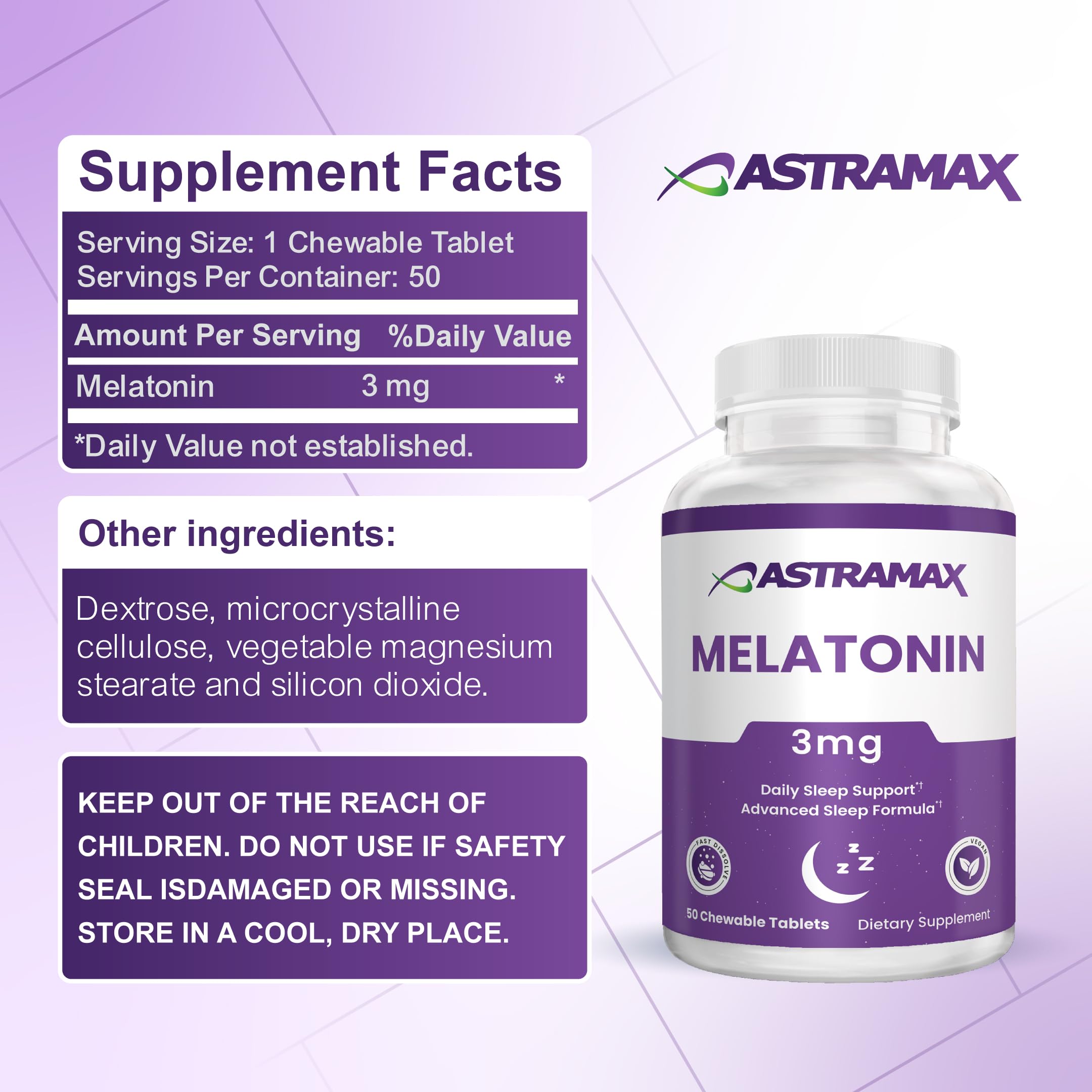 Astramax Melatonin 3mg chewable tablets packaging