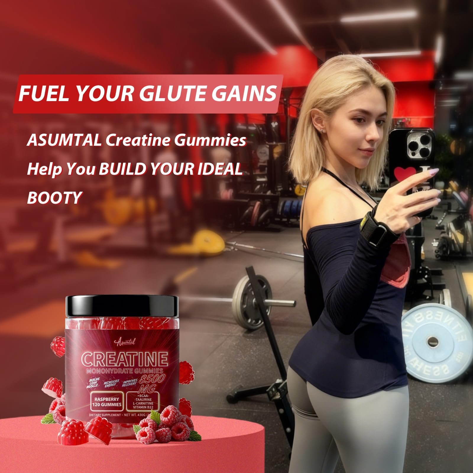 Asumtal Creatine Gummies with fitness accessories
