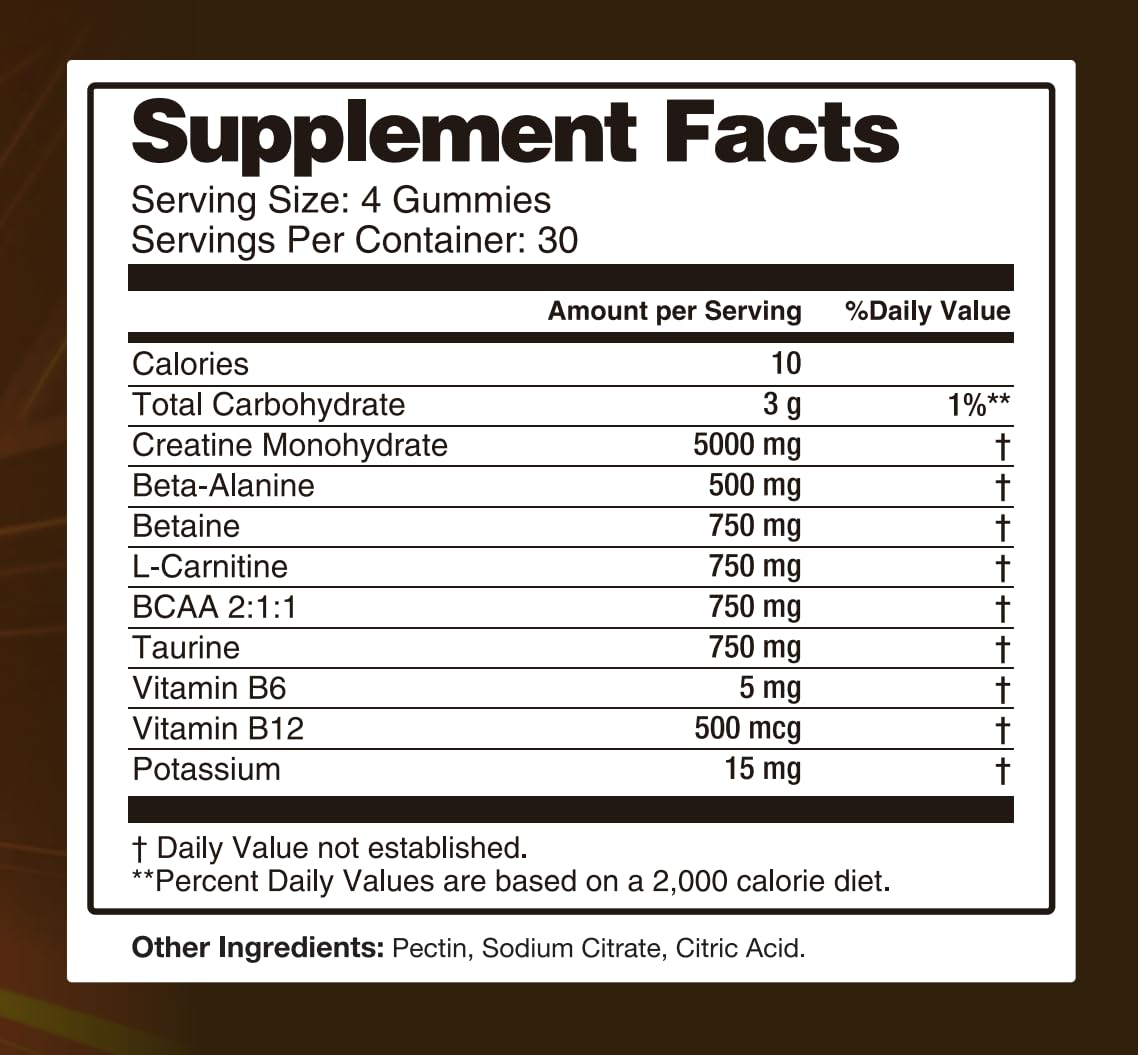 Asumtal Creatine Monohydrate Gummies nutritional information on back of packaging