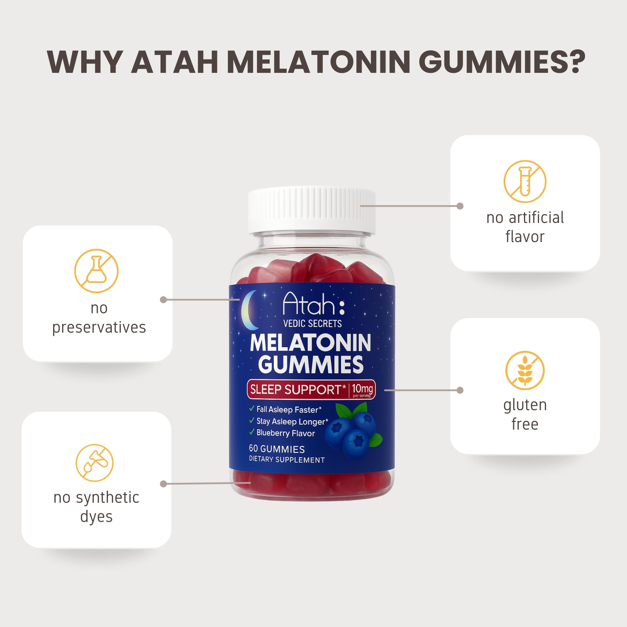 ATAH VEDIC SECRETS Melatonin Gummies 10mg Blueberry gummies close-up