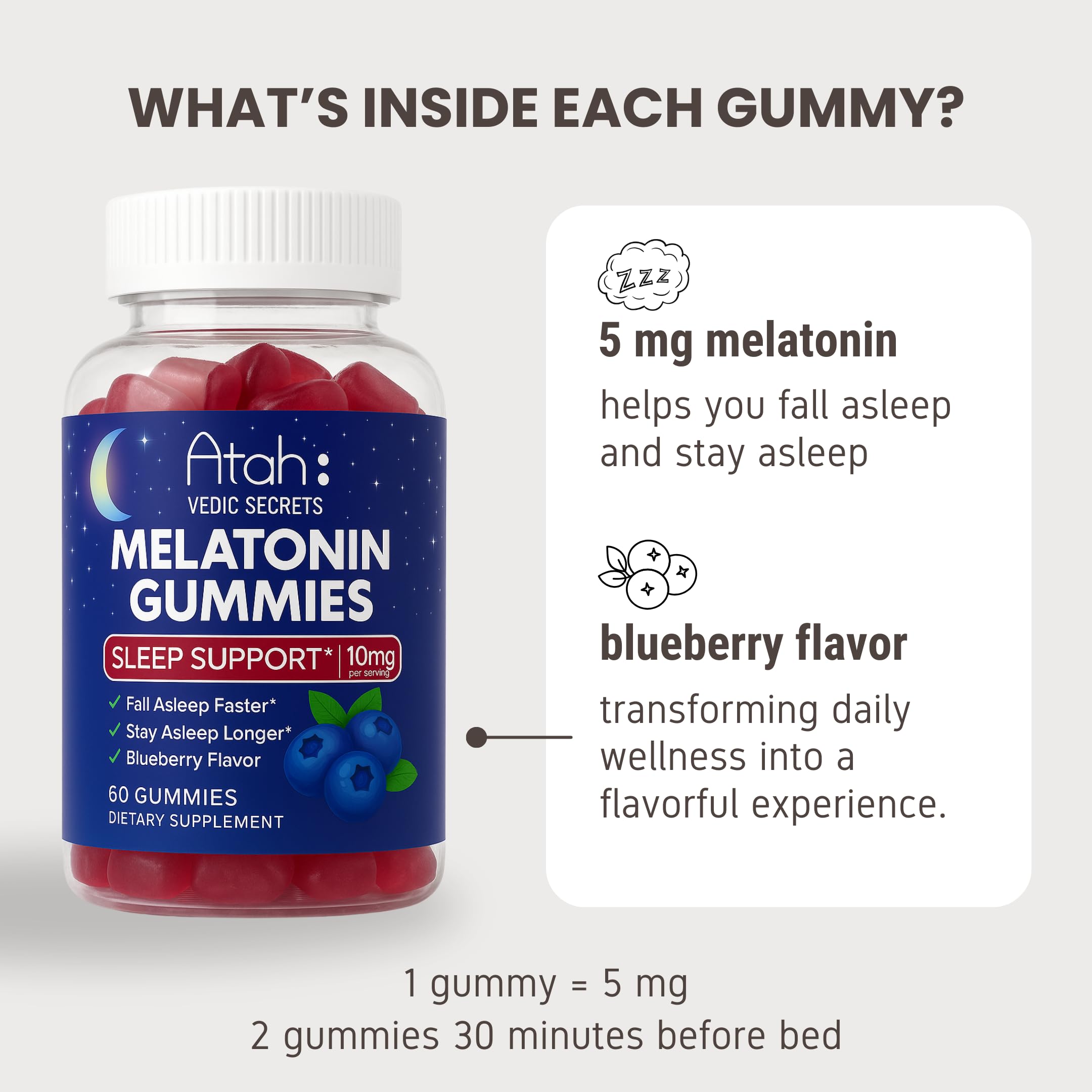 ATAH VEDIC SECRETS Melatonin Gummies 10mg Blueberry packaging