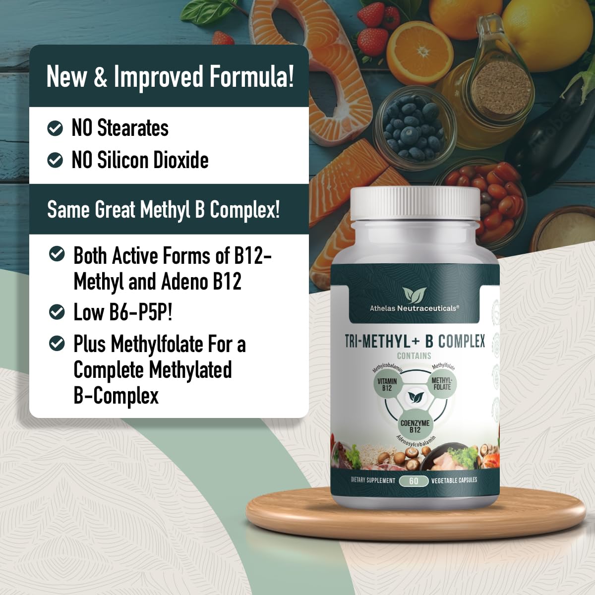 Athelas Neutraceuticals Tri-Methyl+ B Complex supplement side view