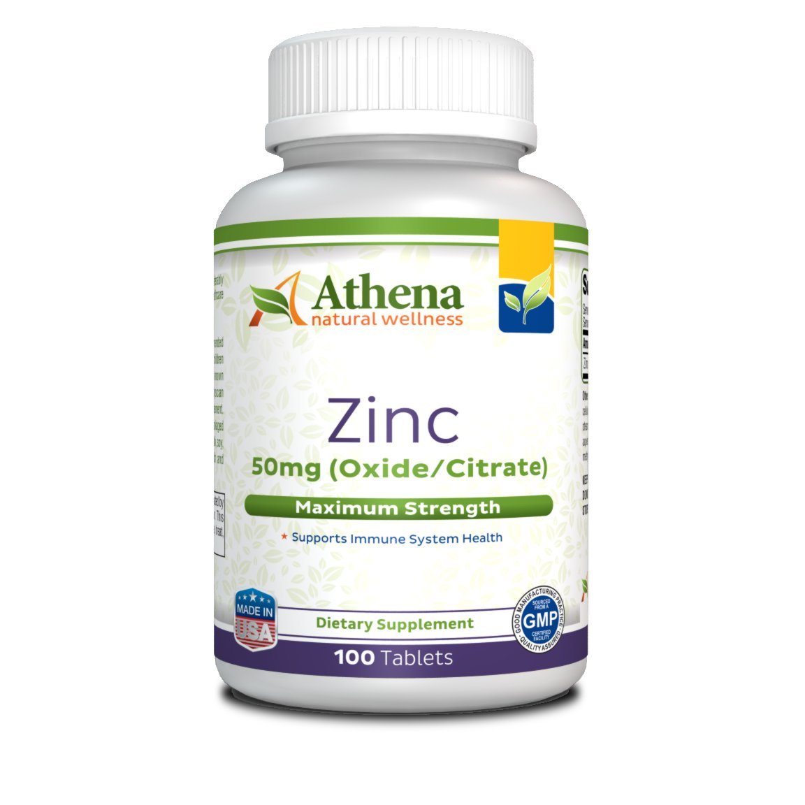 Athena Natural Wellness Zinc Supplement Tablets 50mg front view