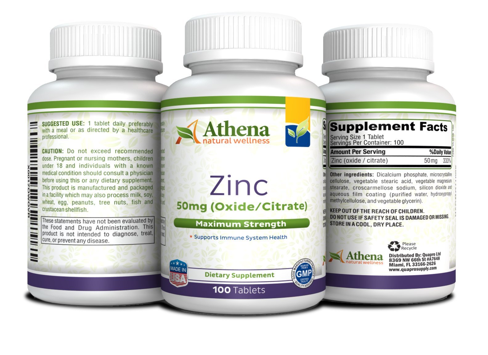 Athena Natural Wellness Zinc Supplement Tablets 50mg packaging