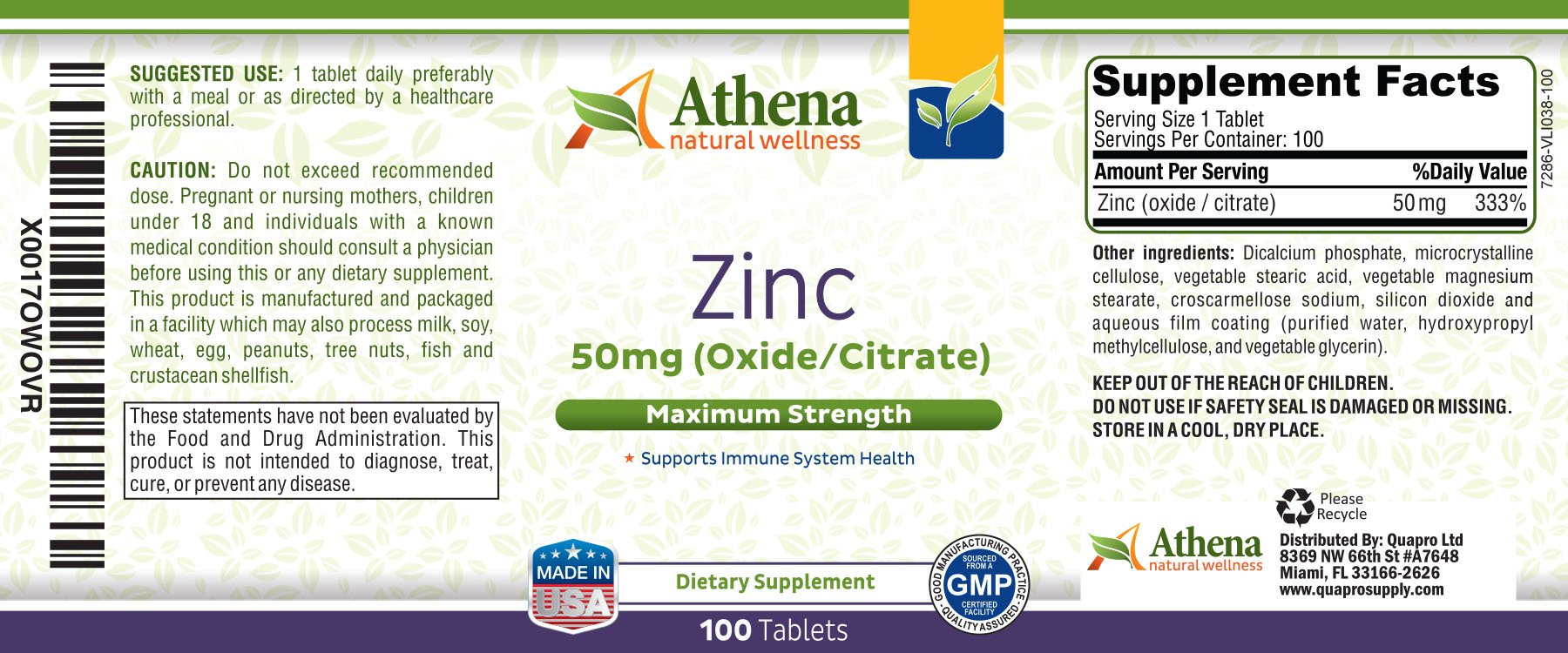 Athena Natural Wellness Zinc Supplement Tablets 50mg with ingredients list
