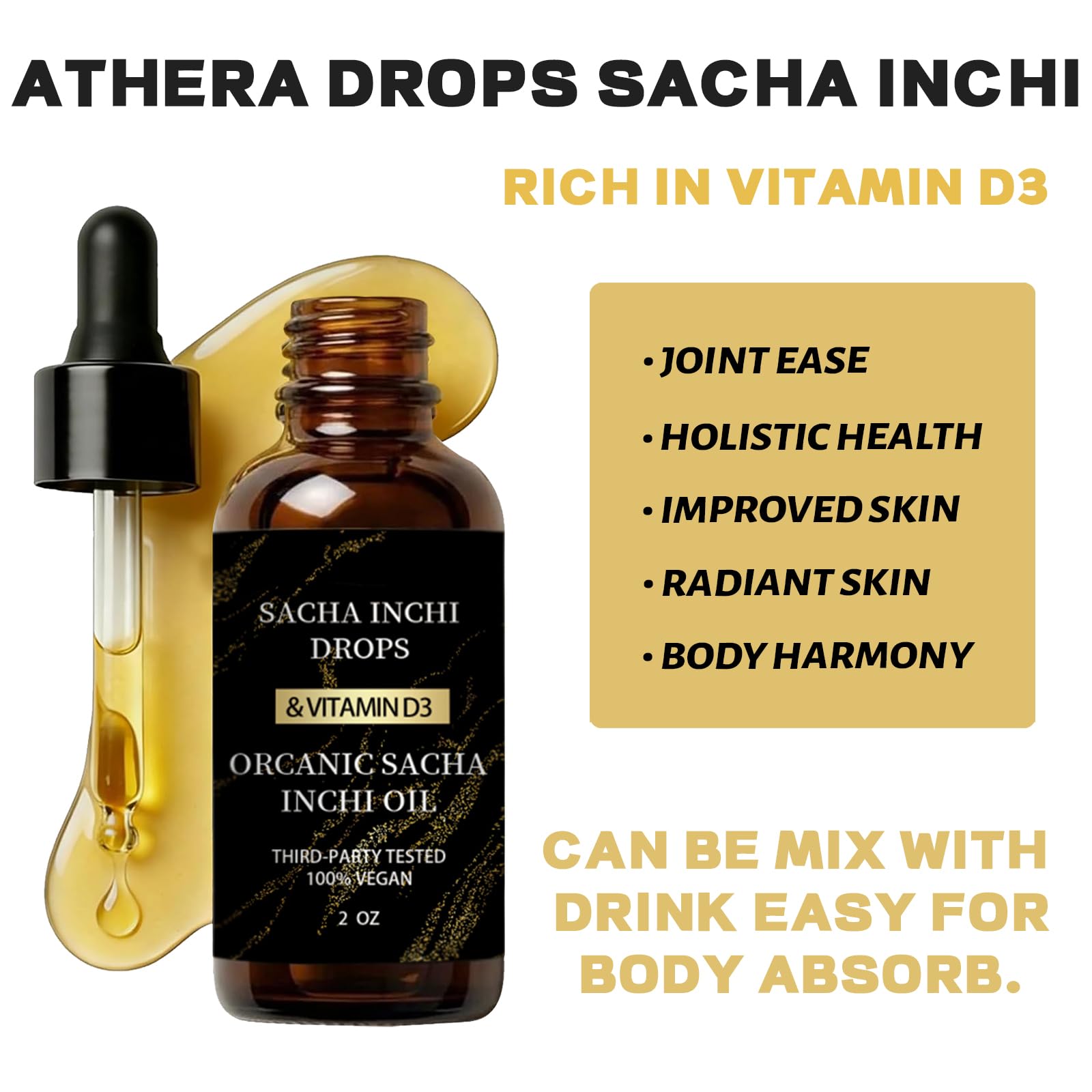 Athera Drops Organic Sacha Inchi liquid supplement with a measuring spoon