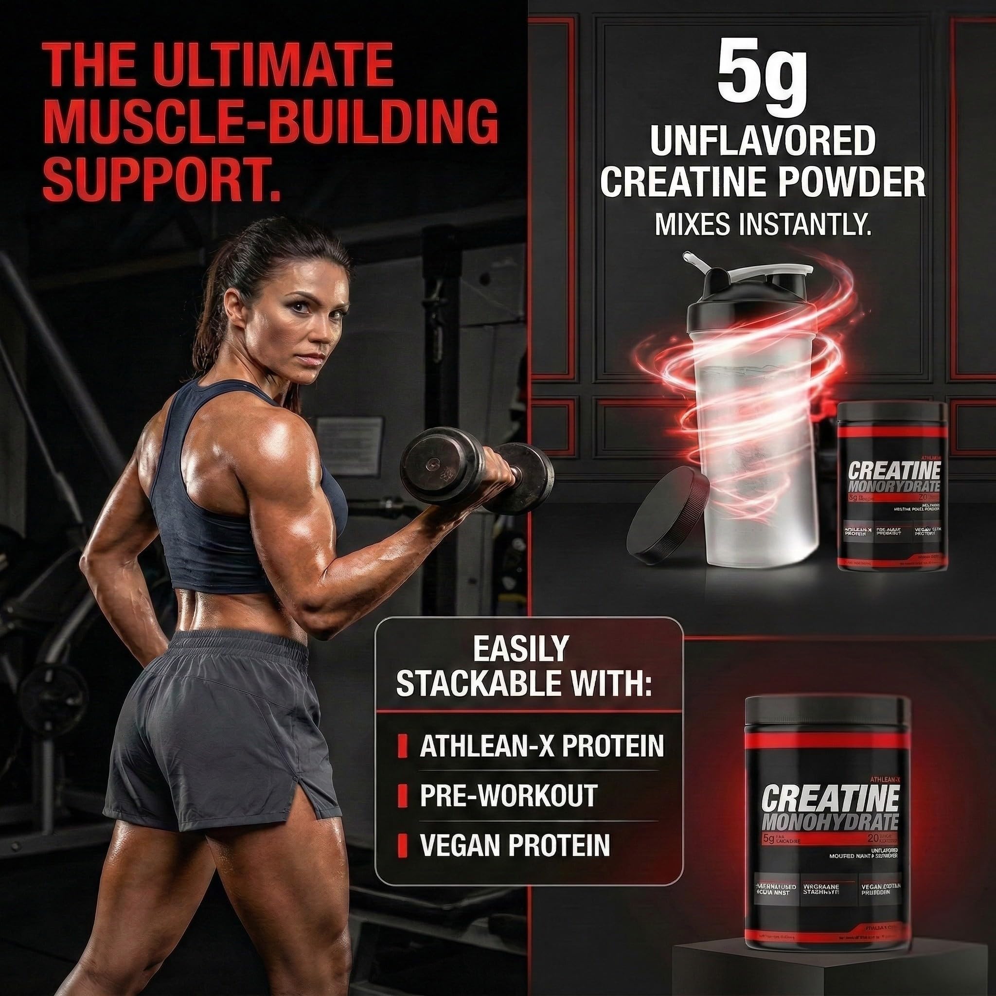 ATHLEAN-X Creatine Monohydrate 540g with gym equipment