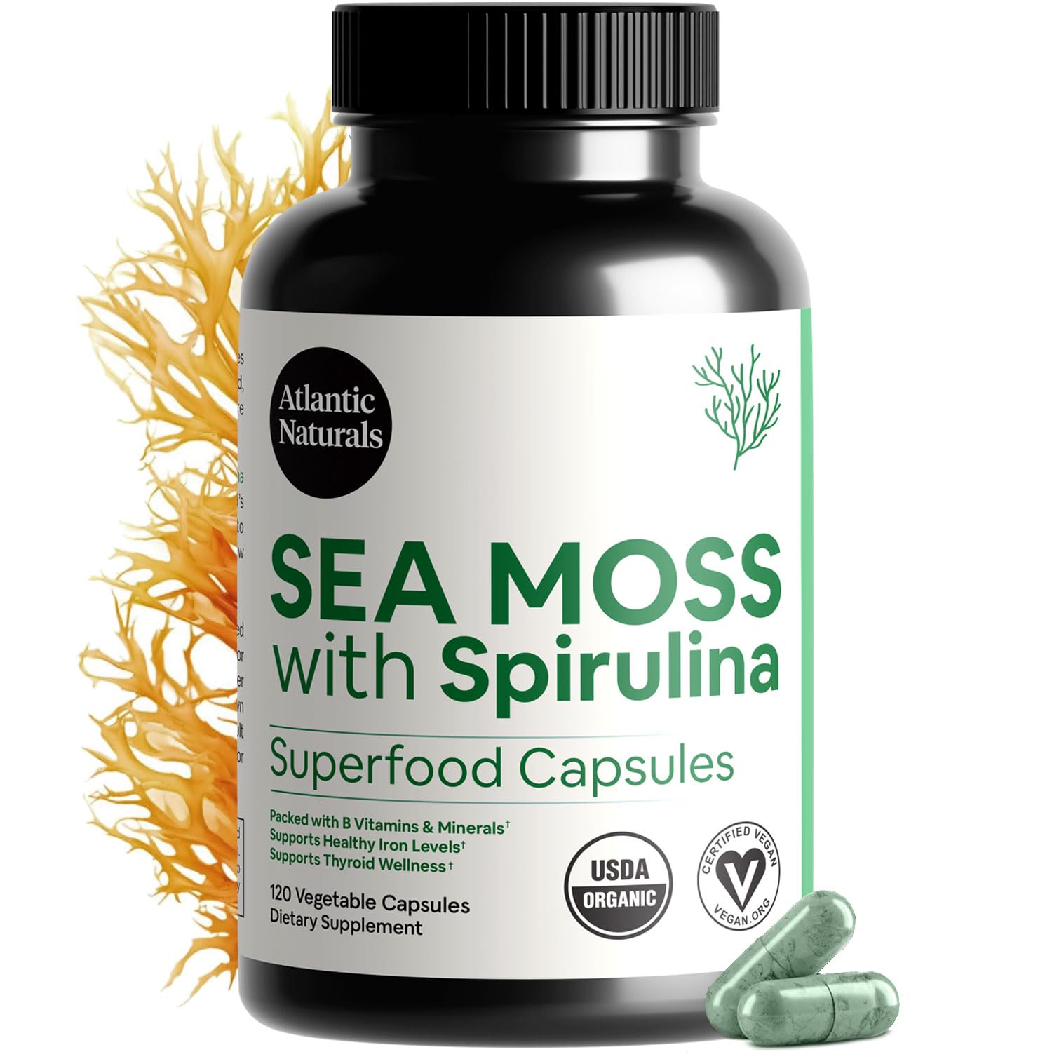 Atlantic Naturals Organic Sea Moss with Spirulina Capsules bottle front view