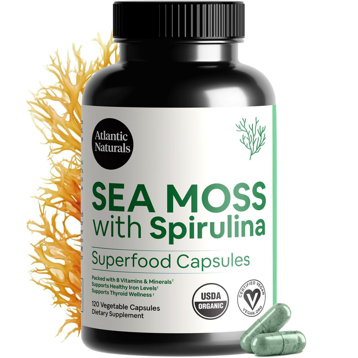 Atlantic Naturals Organic Sea Moss with Spirulina Capsules bottle front view