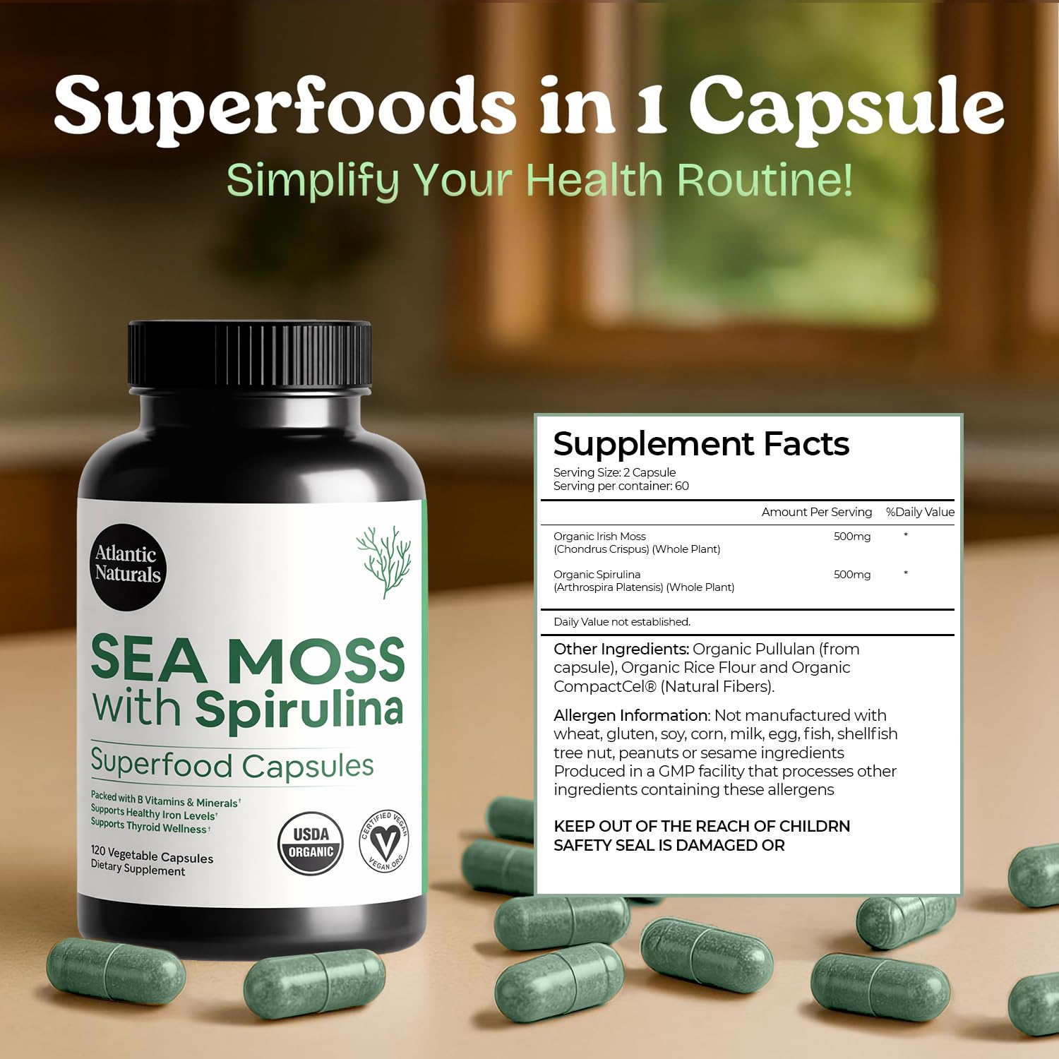 Atlantic Naturals Organic Sea Moss with Spirulina Capsules on a wooden table