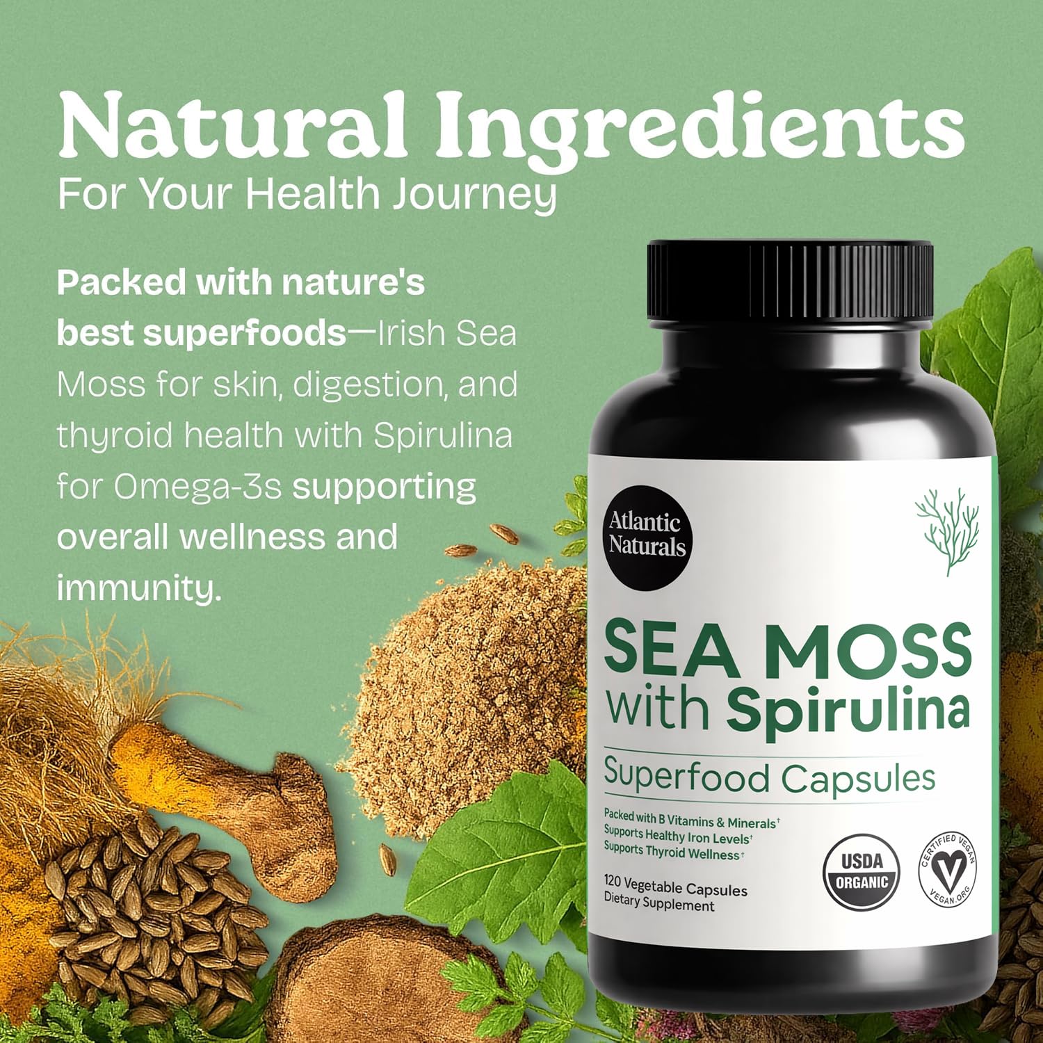 Atlantic Naturals Organic Sea Moss with Spirulina Capsules opened bottle
