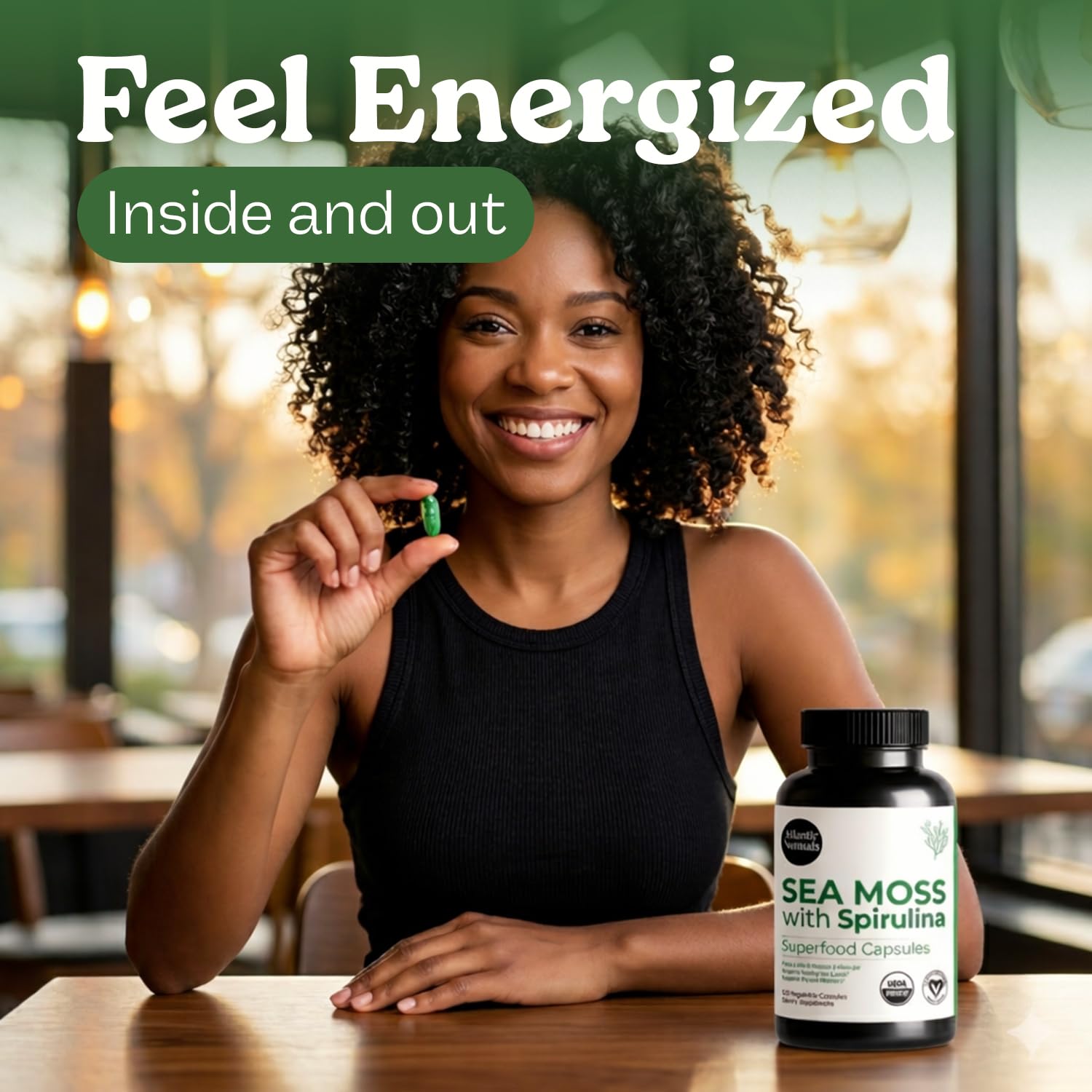 Atlantic Naturals Organic Sea Moss with Spirulina Capsules with measuring spoon