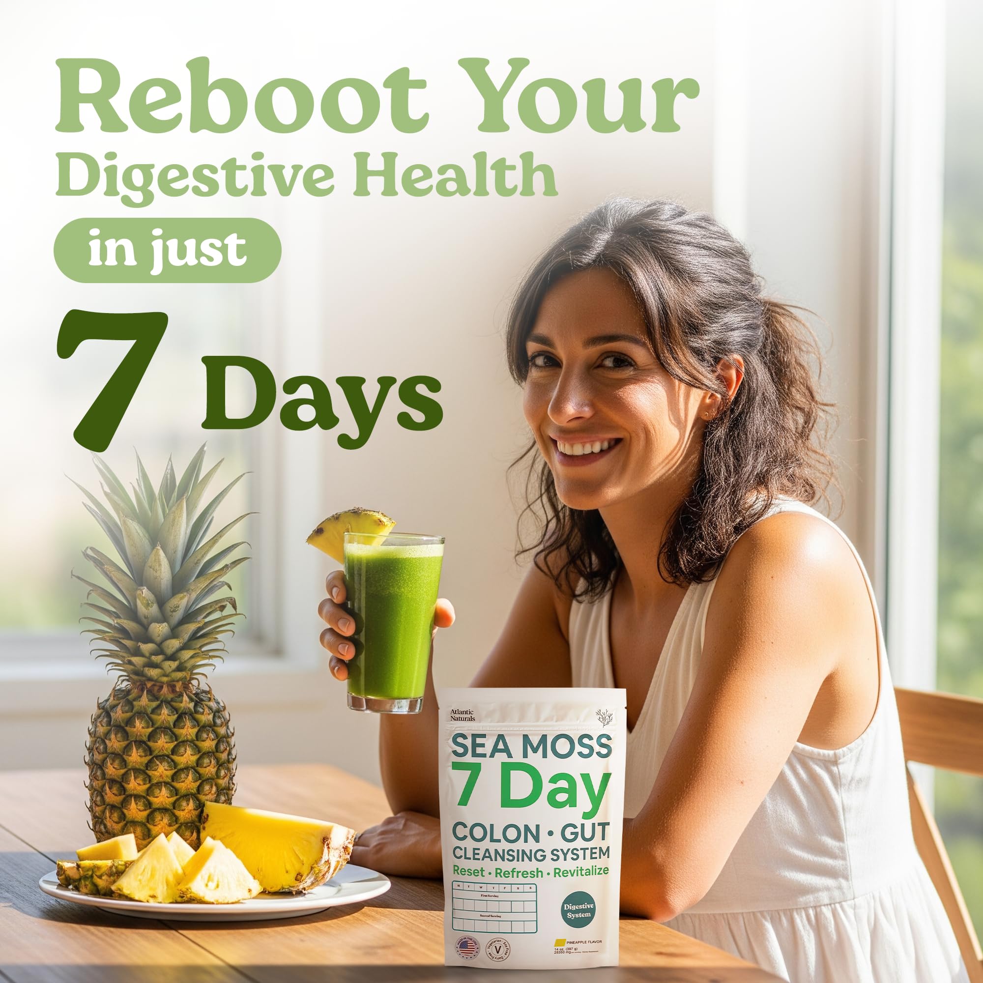 Atlantic Naturals Sea Moss Blend 7-Day Cleanse product on a kitchen counter