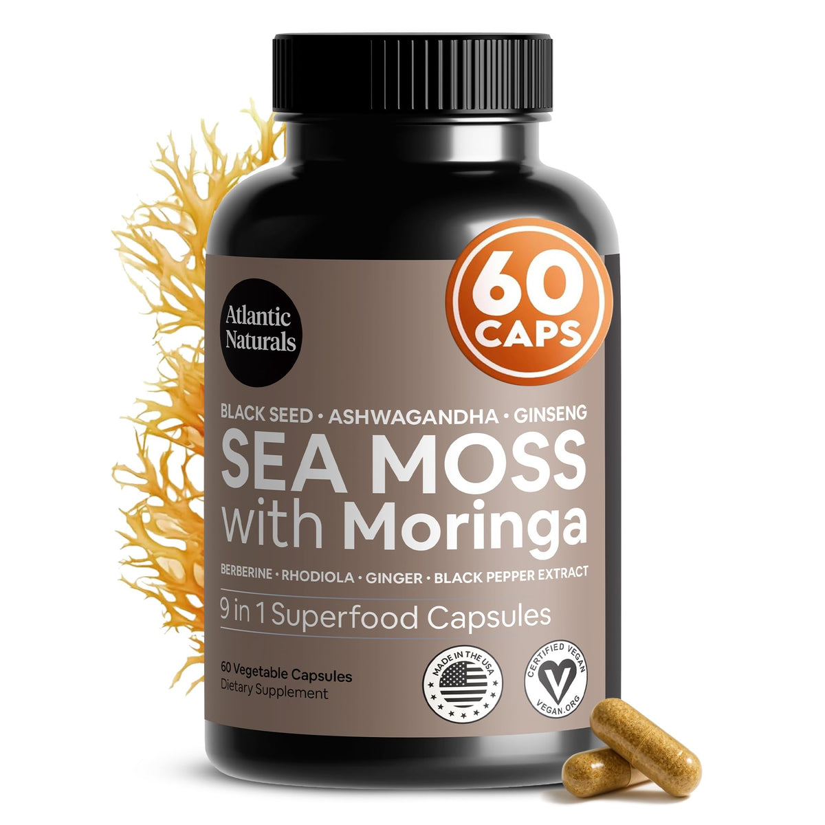 Atlantic Naturals Sea Moss Capsules front view with bottle label