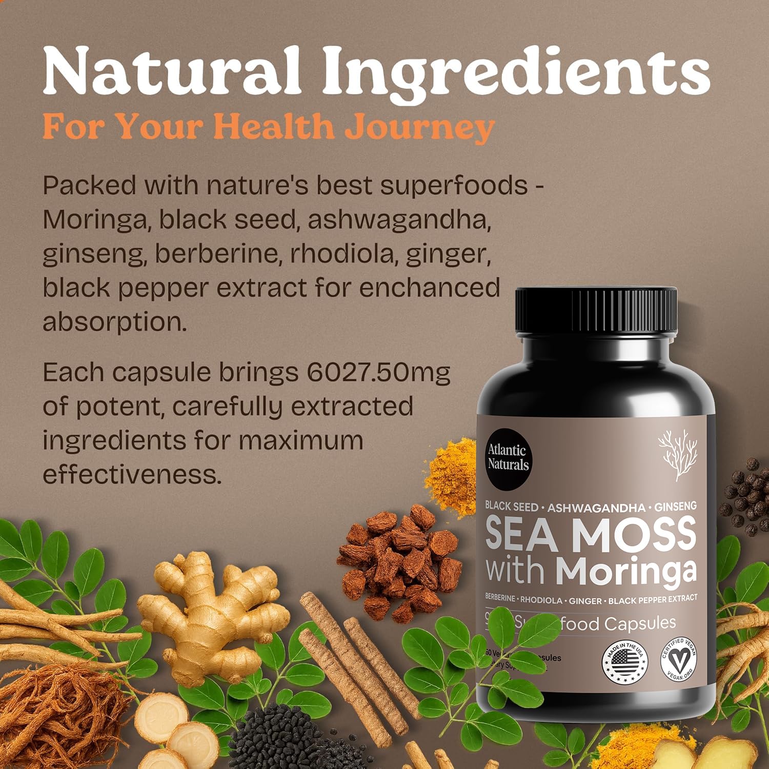 Atlantic Naturals Sea Moss Capsules opened bottle showing capsules
