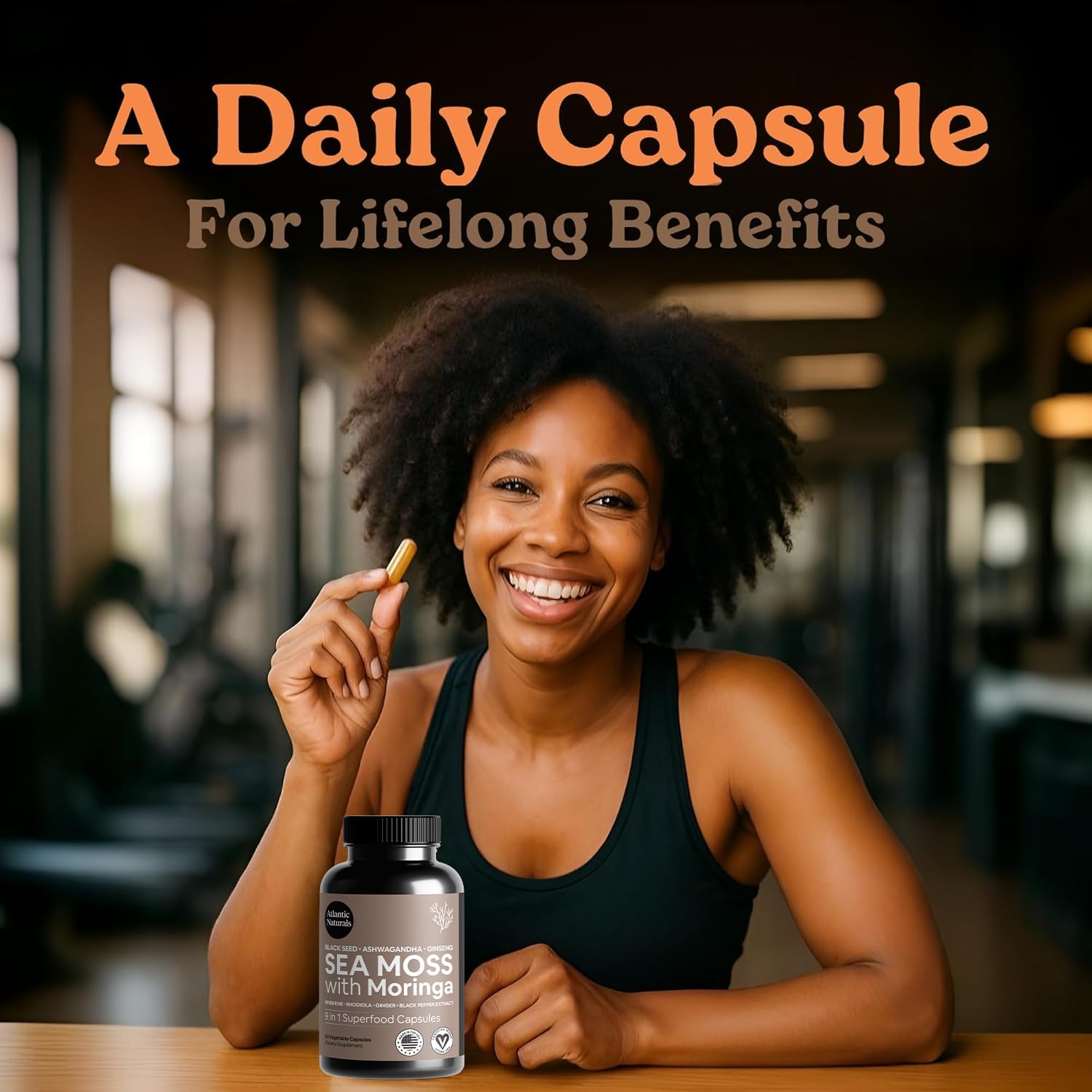 Atlantic Naturals Sea Moss Capsules packaging with dimensions