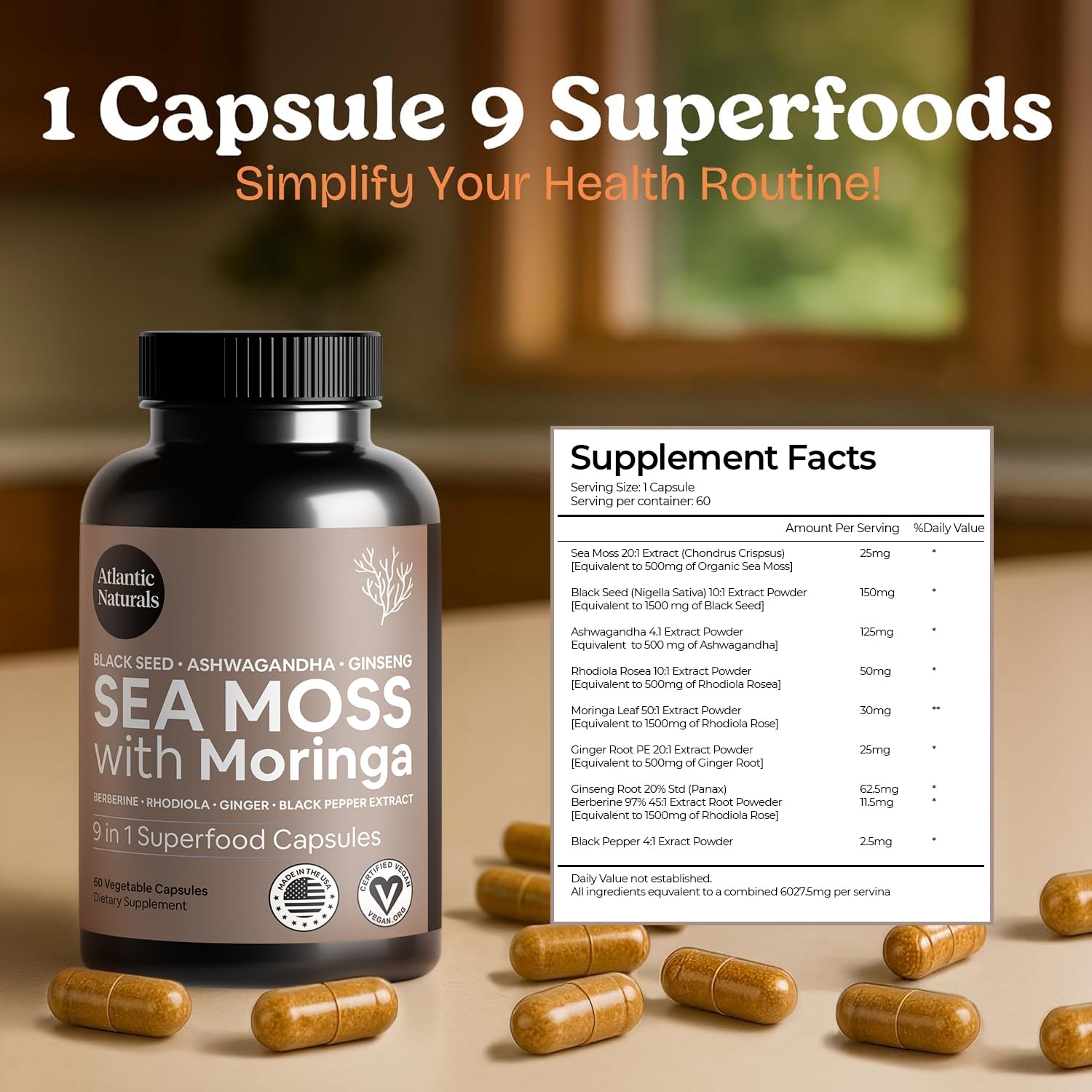 Atlantic Naturals Sea Moss Capsules side view with capsule details