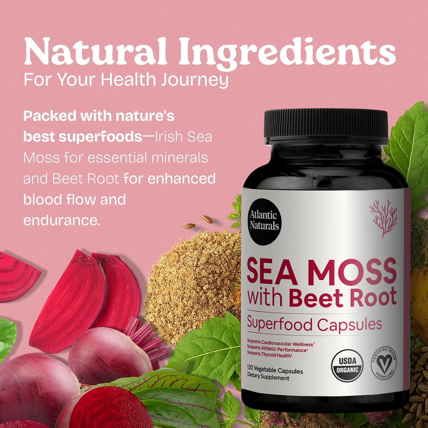 Atlantic Naturals Sea Moss Capsules with Beet Root bottle back view