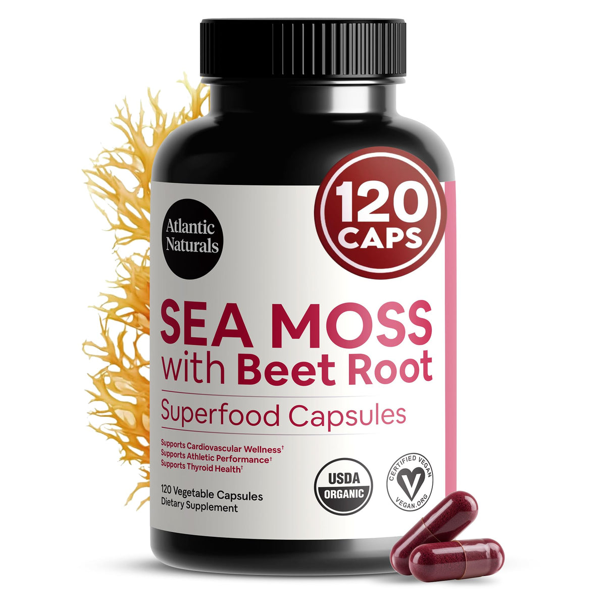 Atlantic Naturals Sea Moss Capsules with Beet Root bottle front view