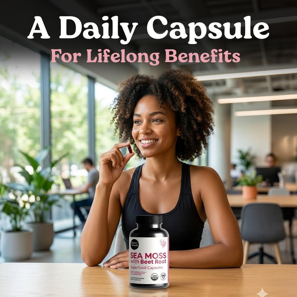 Atlantic Naturals Sea Moss Capsules with Beet Root in a lifestyle setting