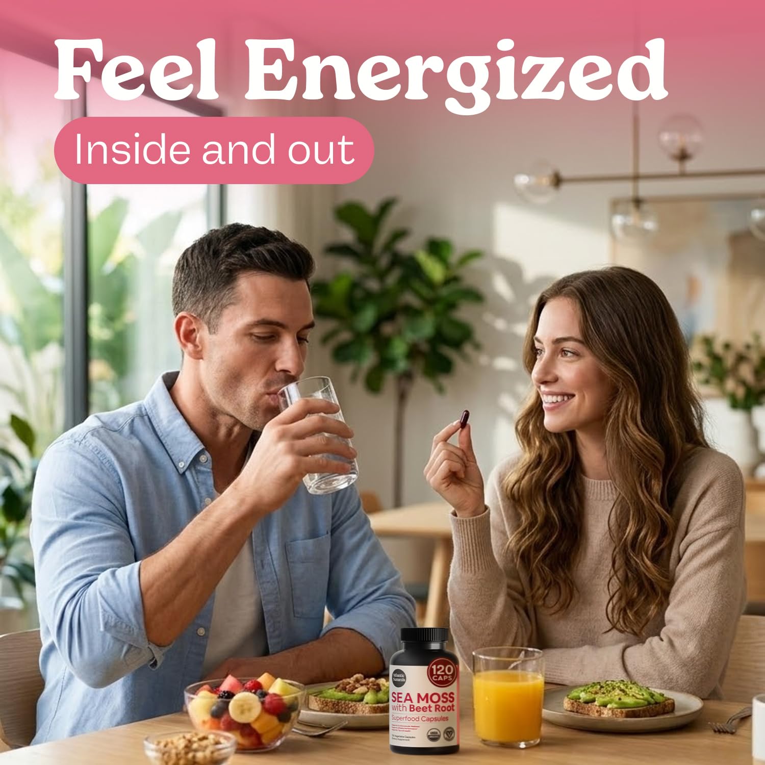 Atlantic Naturals Sea Moss Capsules with Beet Root on a wooden table