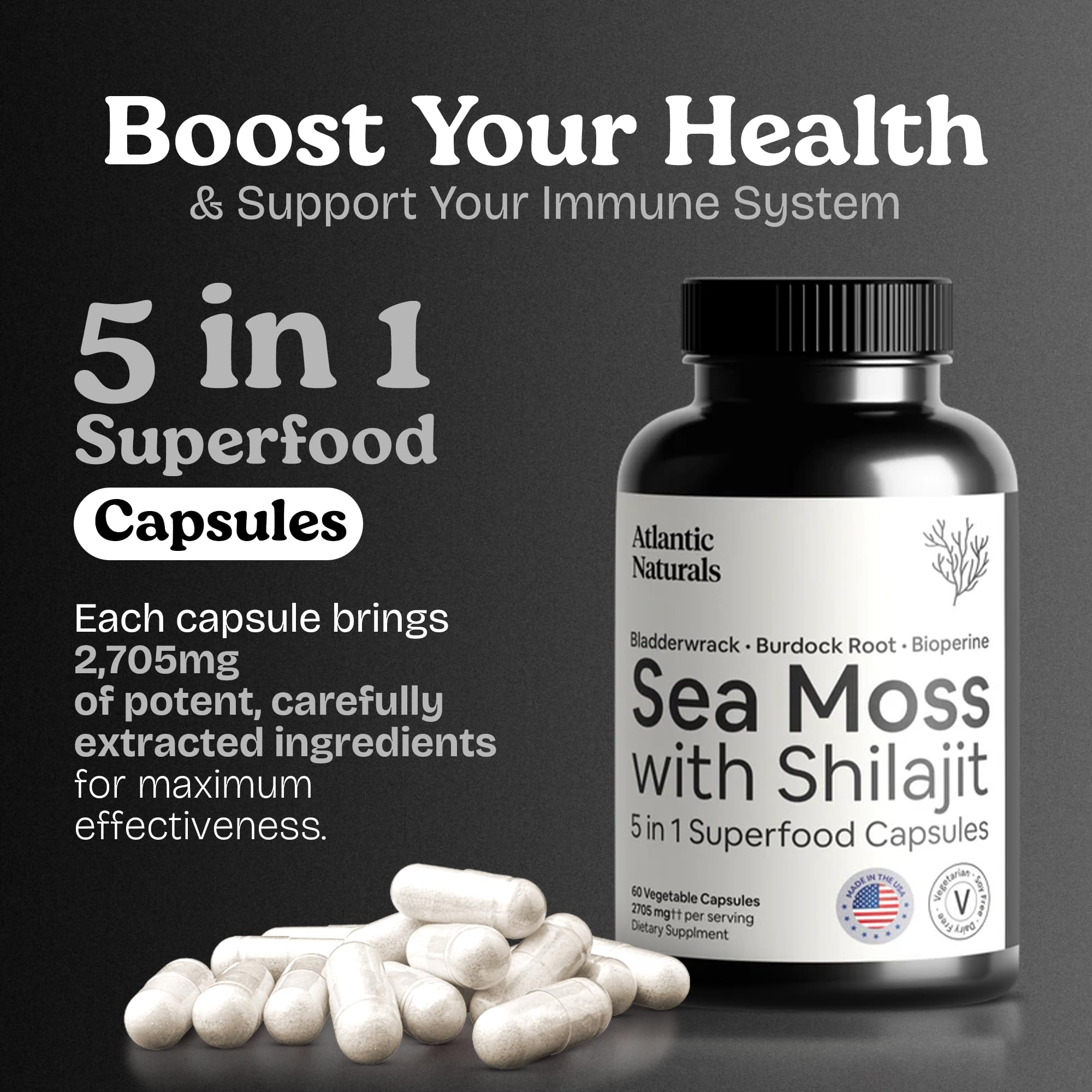 Atlantic Naturals Sea Moss Shilajit Capsules bottle side view