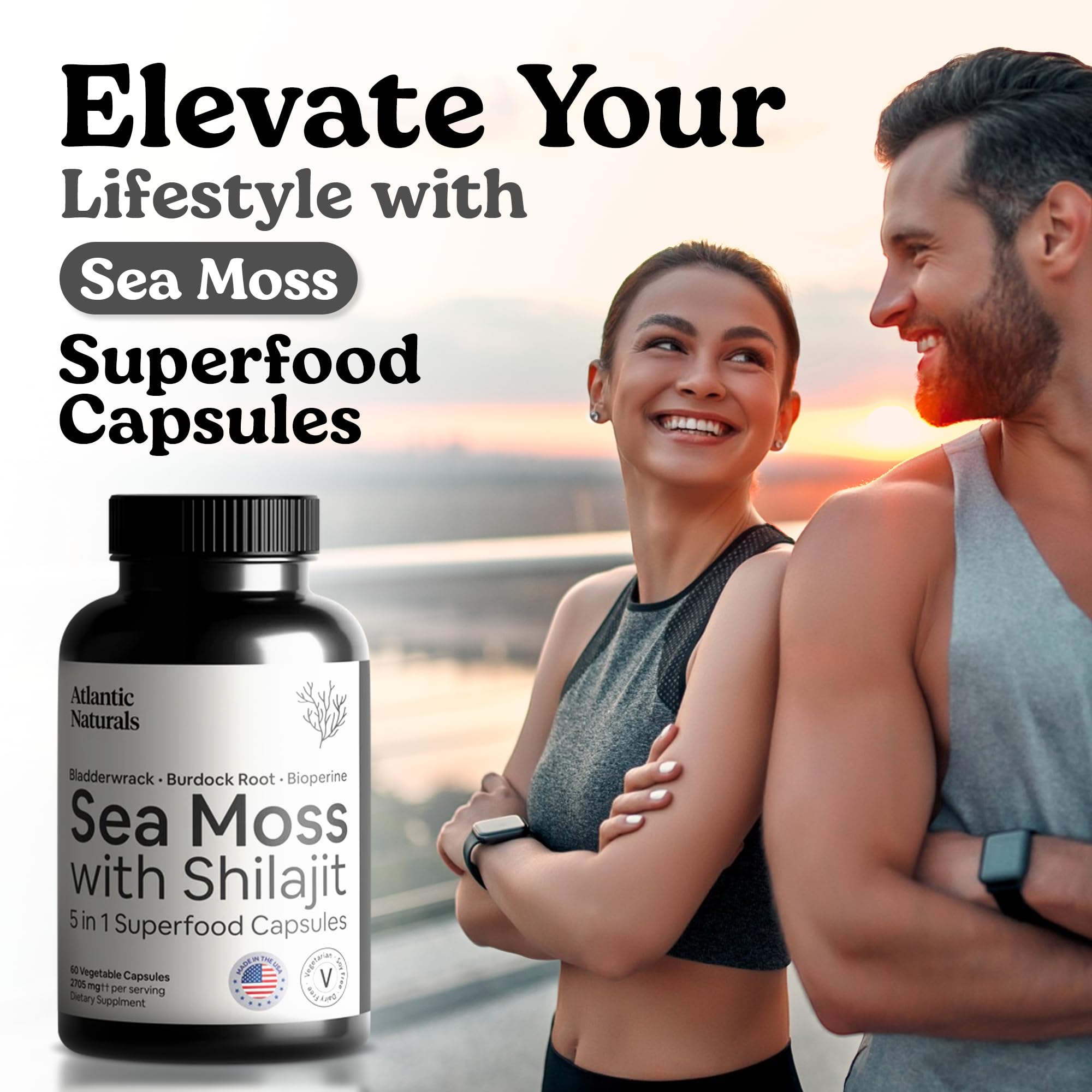 Atlantic Naturals Sea Moss Shilajit Capsules displayed with fresh sea moss