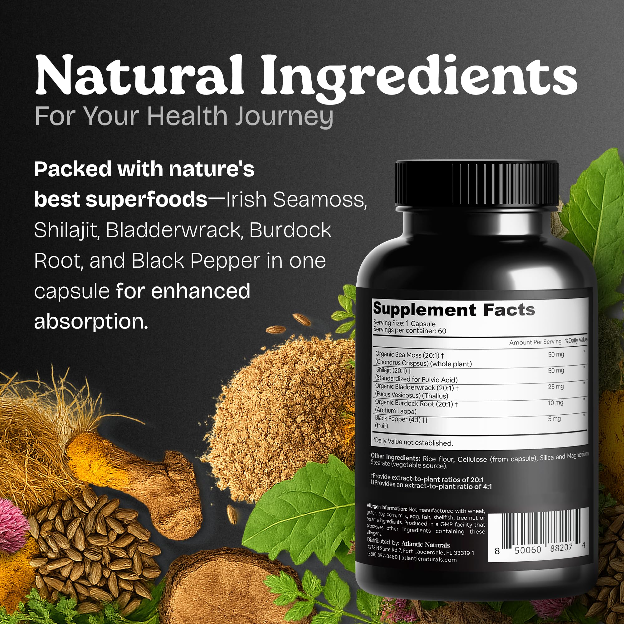 Atlantic Naturals Sea Moss Shilajit Capsules with ingredients list