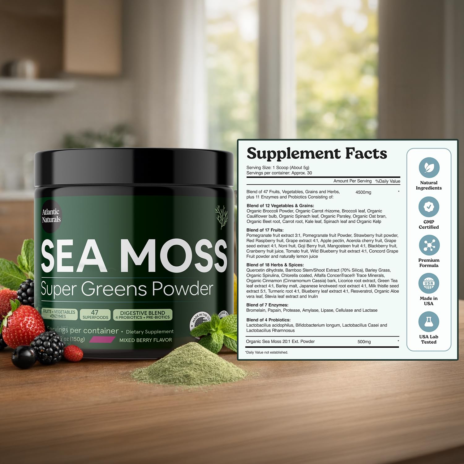 Atlantic Naturals Seamoss Greens Powder Superfood in a glass of water