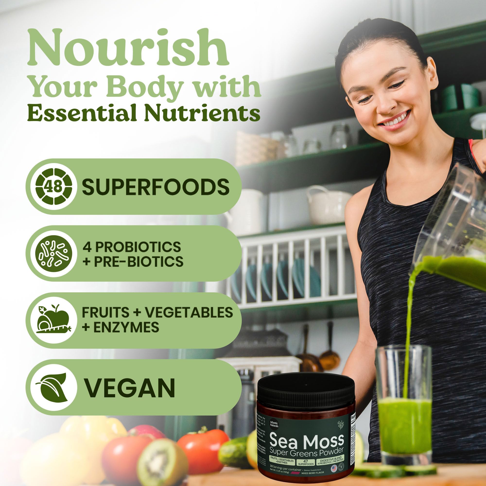 Atlantic Naturals Seamoss Greens Powder Superfood mixed in a smoothie