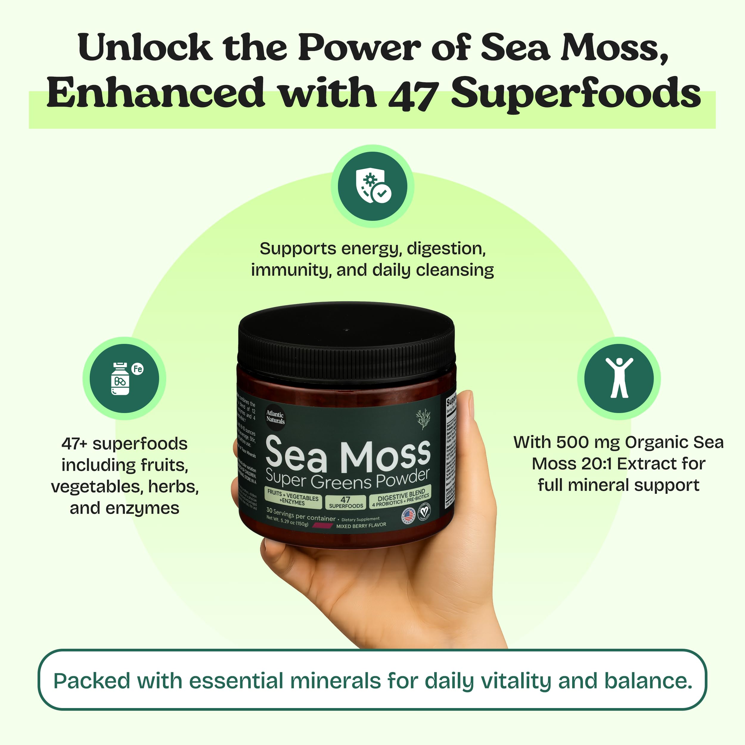 Atlantic Naturals Seamoss Greens Powder Superfood scoop and powder