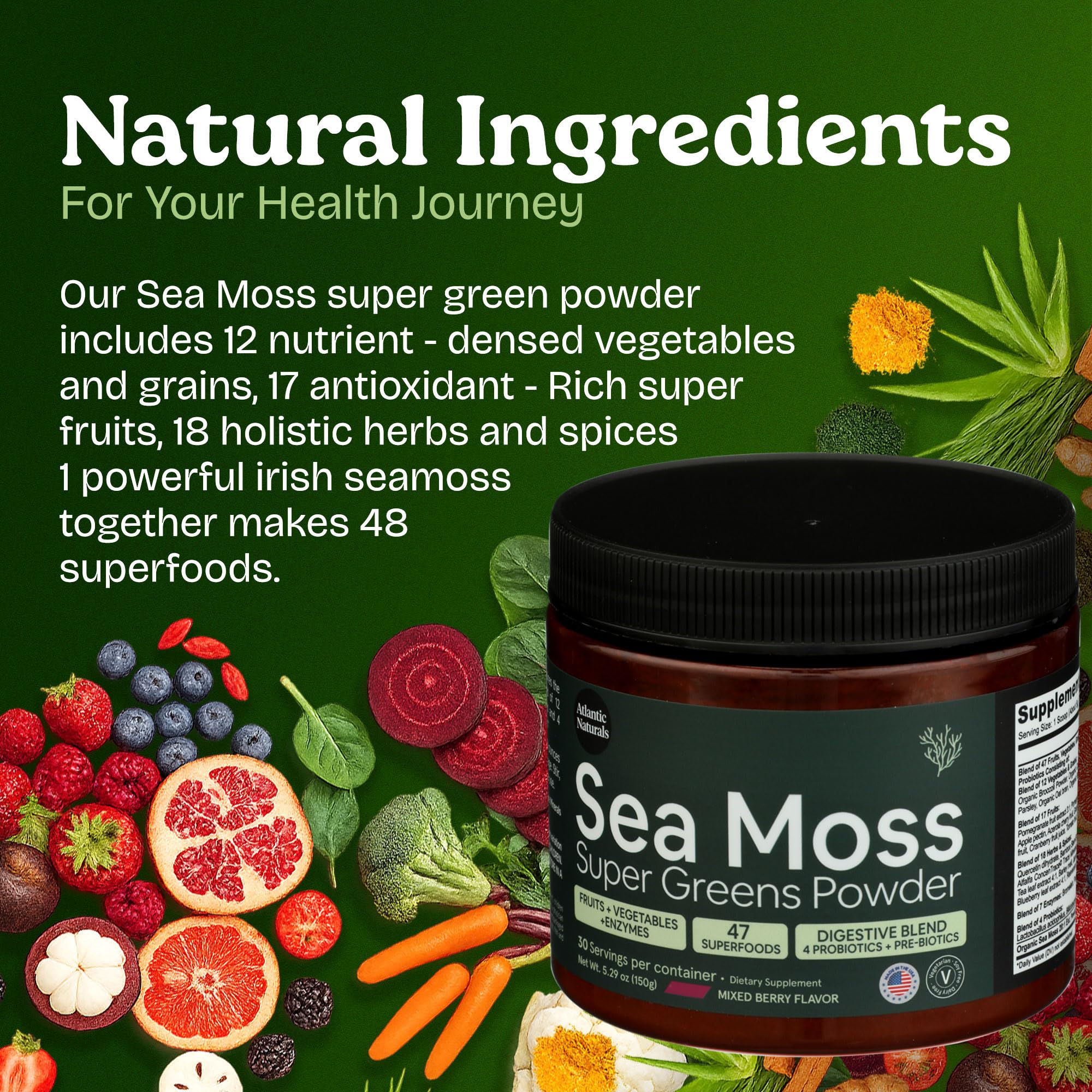 Atlantic Naturals Seamoss Greens Powder Superfood serving suggestion