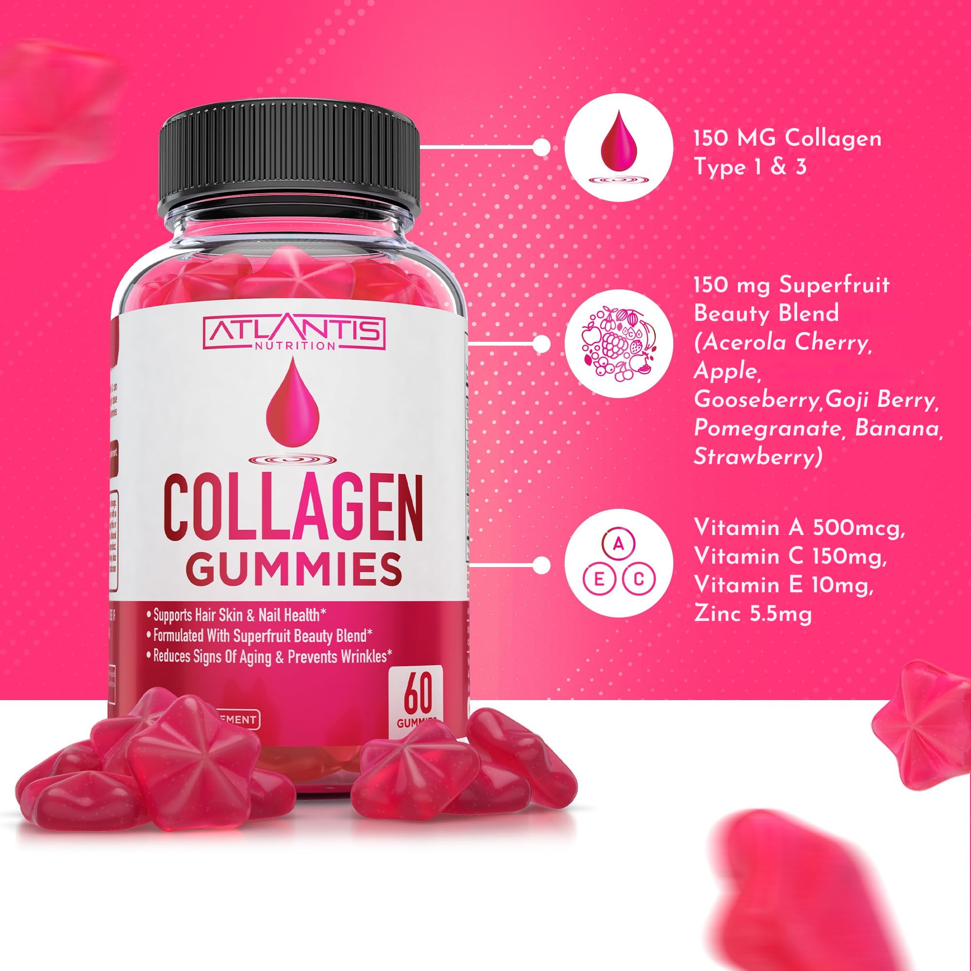 Atlantis Nutrition Collagen Gummies 200g back view with ingredient list